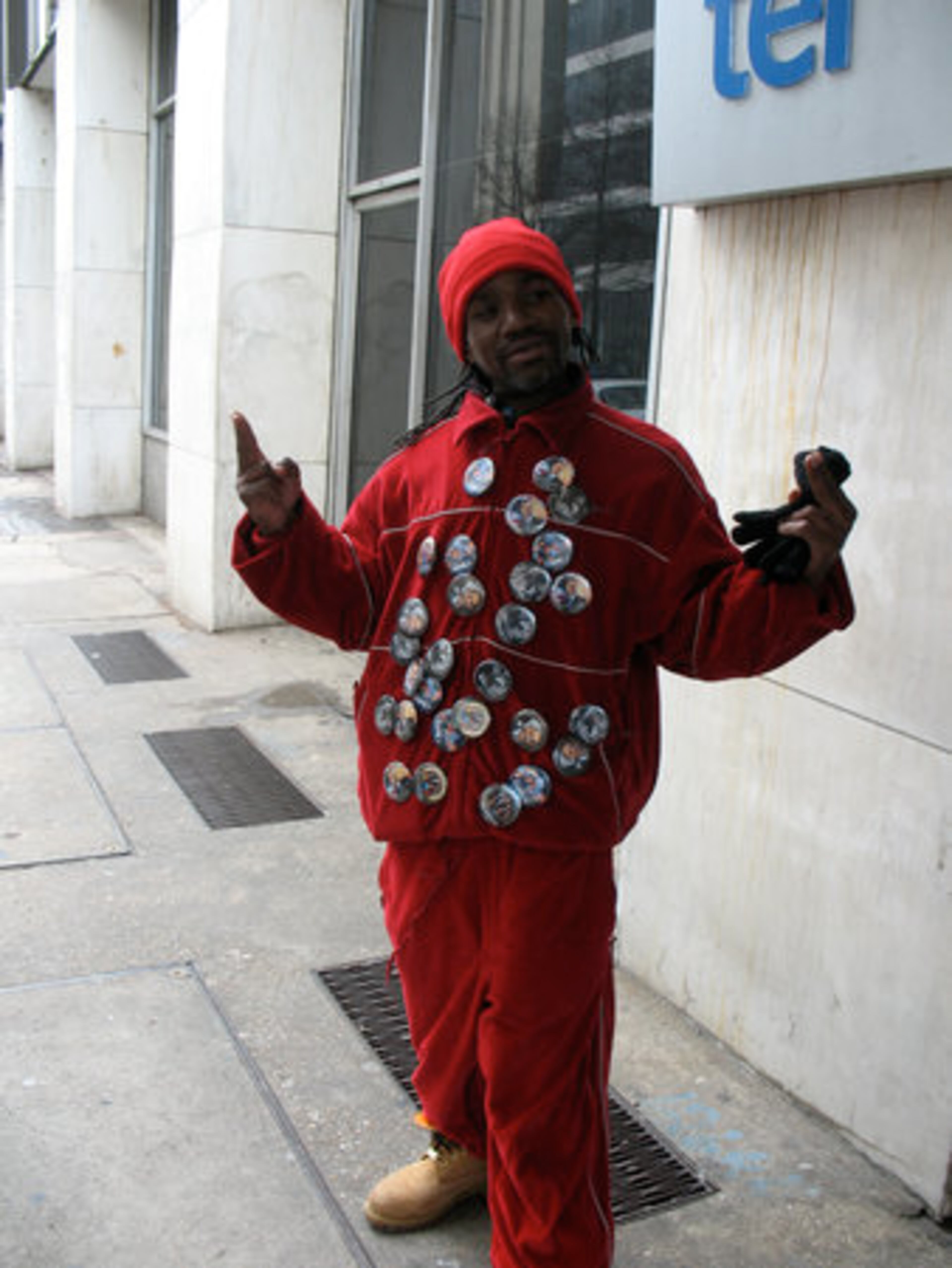 Marshall Williams, from Atlanta's West End, has been selling buttons for $2 to $3 around Five Points and Centennial Olympic Park. He said he'd sold about 150 buttons by about 1 p.m. on inauguration day. The best seller? Obama featured with his family -- the one he's sporting on his hat.