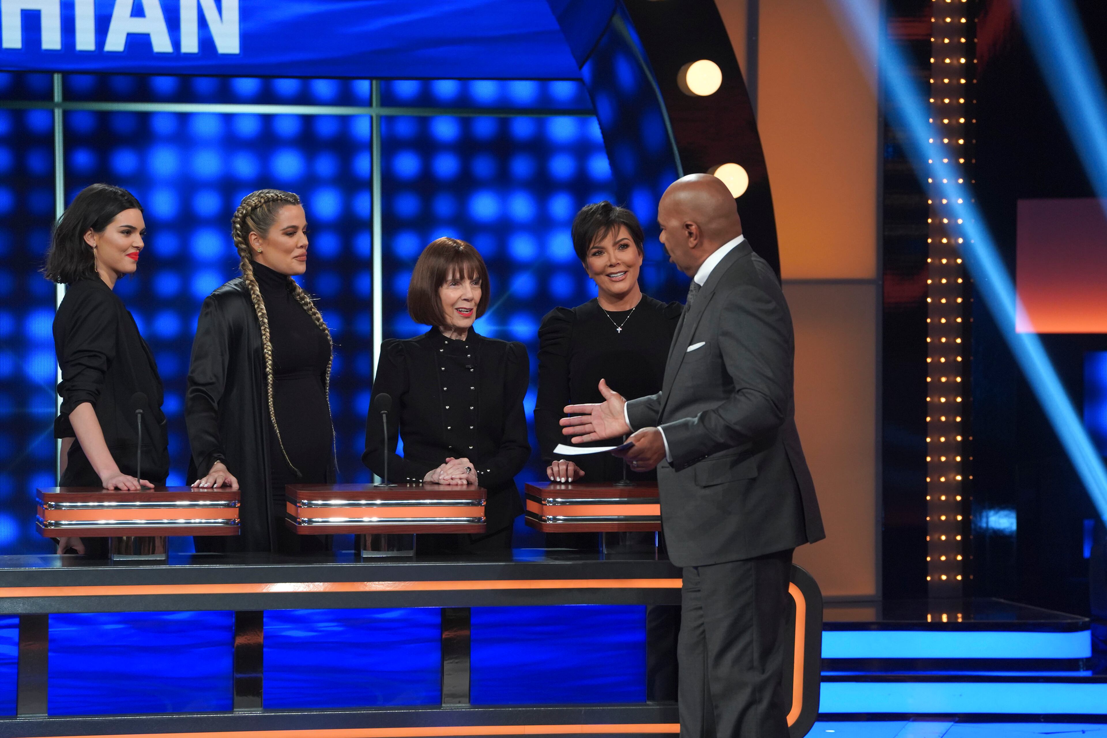 CELEBRITY FAMILY FEUD - "The Kardashian Family vs. The West Family" - The hour-long episode will feature the family that everyone has been waiting to see battle it out on "Celebrity Family Feud," the Kardashian family vs. the West family! The season premiere of "Celebrity Family Feud" airs SUNDAY, JUNE 10 (8:00-9:00 p.m. EDT), on The ABC Television Network. (ABC/Byron Cohen)
KENDALL JENNER, KHLOE KARDASHIAN, MARY JO SHANNON, KRIS JENNER, STEVE HARVEY