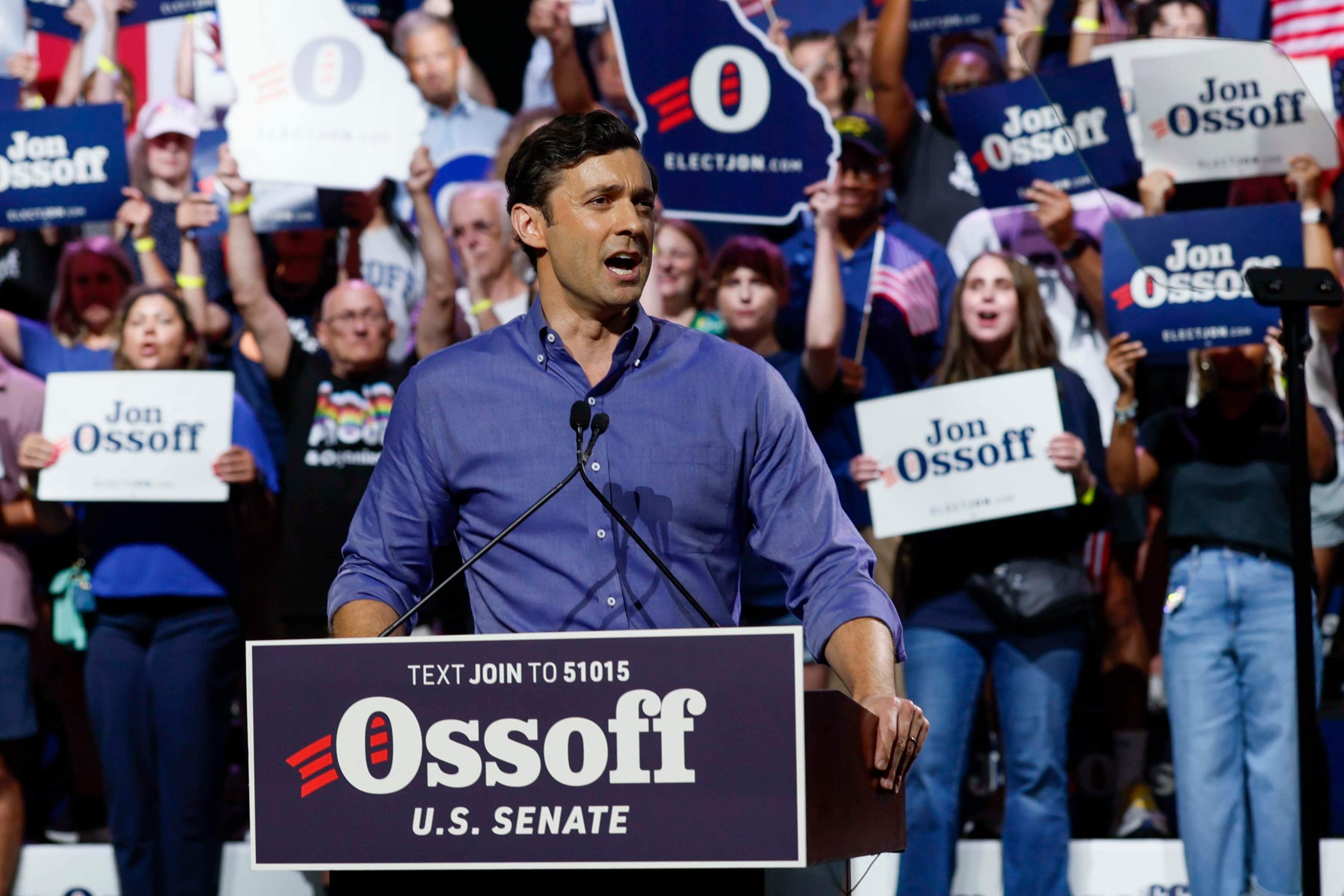 U.S. Sen. Jon Ossoff addresses supporters at a campaign rally at the Center Stage Theater on Sunday, August 16, 2026. (Miguel Martinez/AJC)