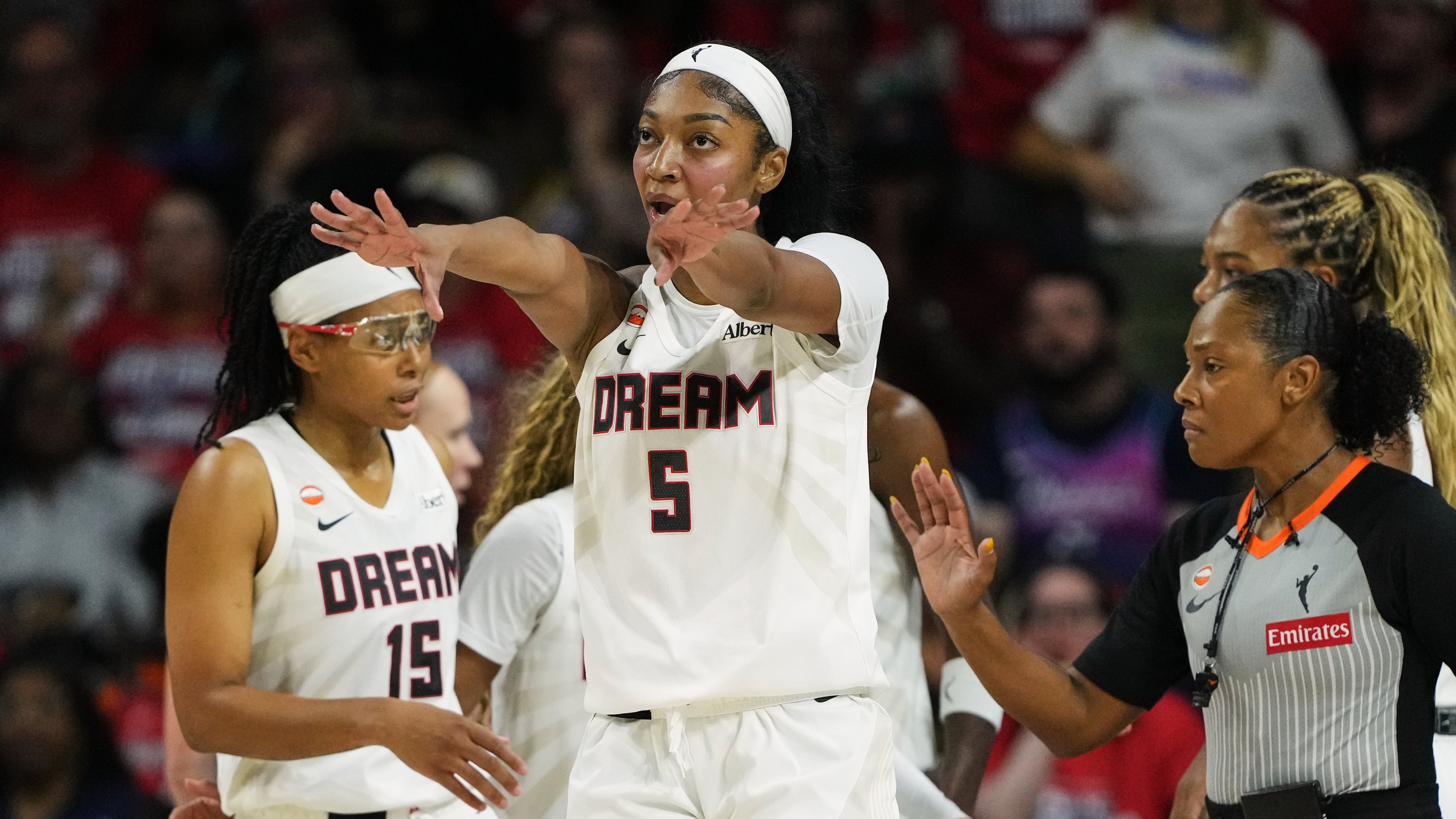 Dream forward Angel Reese (center) reacts after being fouled in Game 2 of Atlanta's first-round series against the Mystics on Wednesday, Sept. 30, 2026, in Washington. (Stephanie Scarbrough/AP)