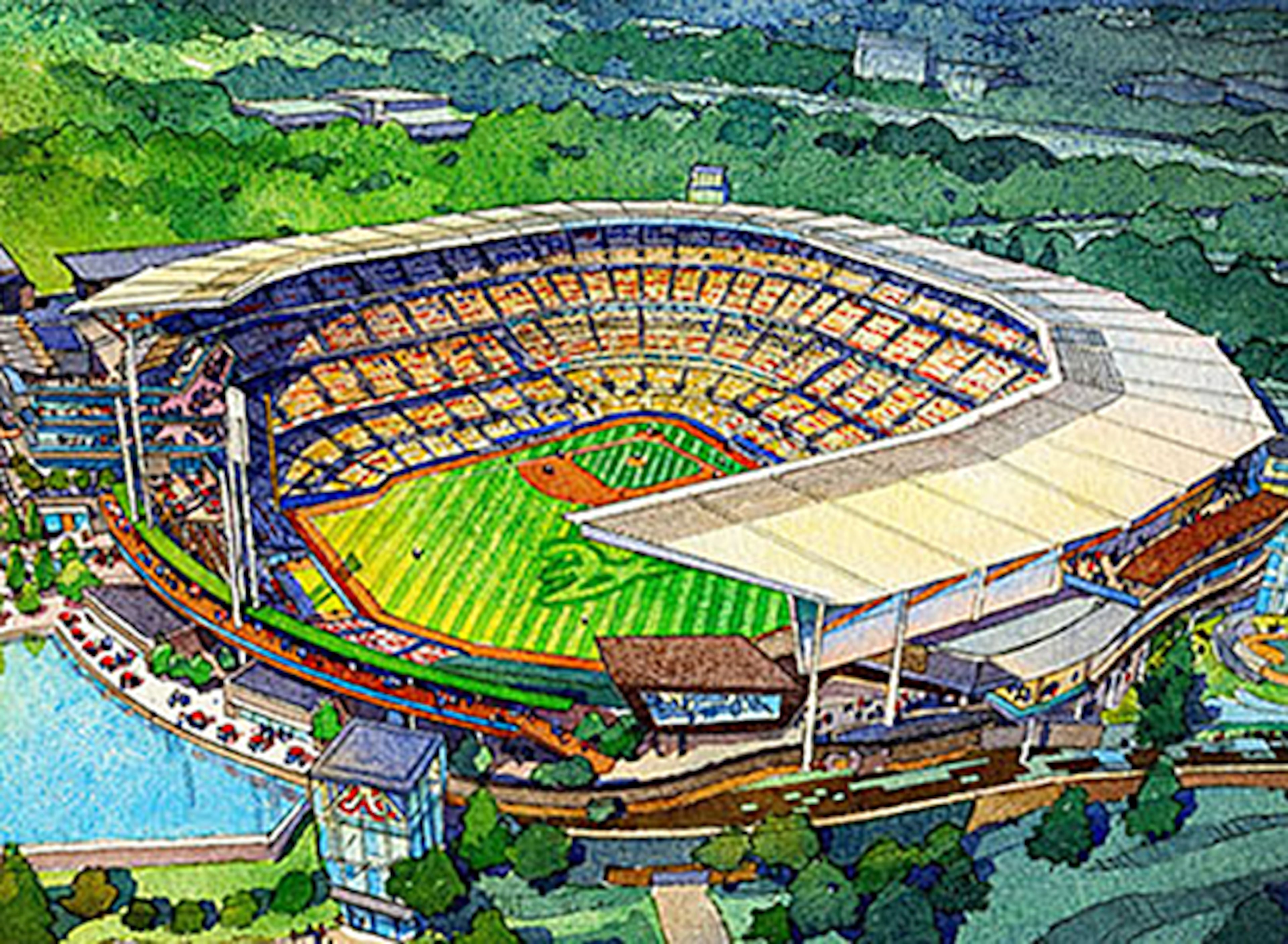 The existing topography of the property has been carefully integrated into the design. The intimacy of the ballpark will be accentuated by building the facility into the gently sloping terrain. Trees will separate parking sections that cascade down the slopes. Because of the way the ballpark nestles into the hillside, fans will arrive on the home plate side of the park on the mezzanine level, while entering the outfield side (off the plaza) at field level. -- The Atlanta Braves