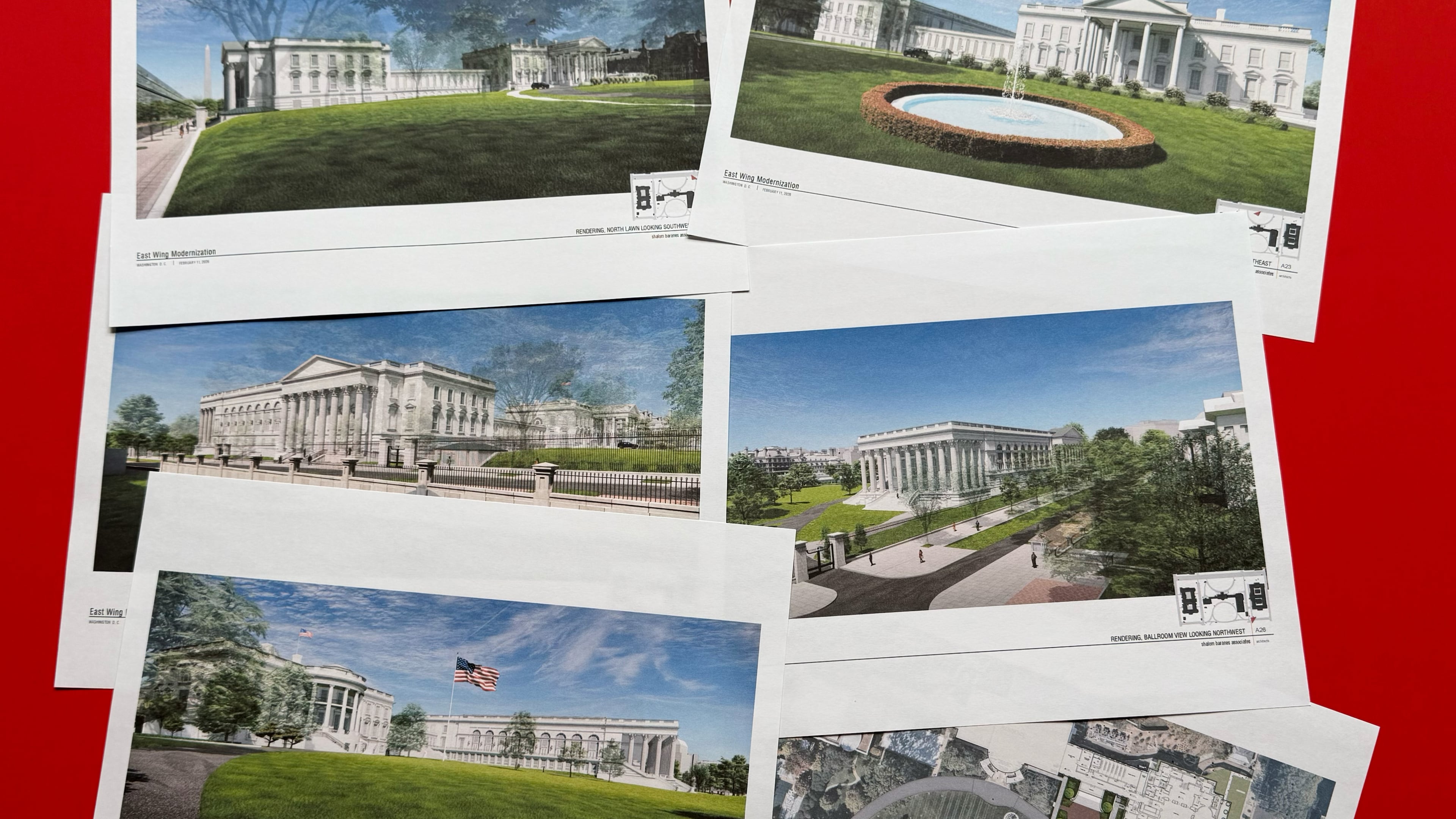 Artist renderings and diagrams of the new White House East Wing and Ballroom, briefly posted on the National Capital Planning Commission's website ahead of a March 5, hearing, are photographed Tuesday, Feb. 17, 2026. (AP Photo/Jon Elswick)