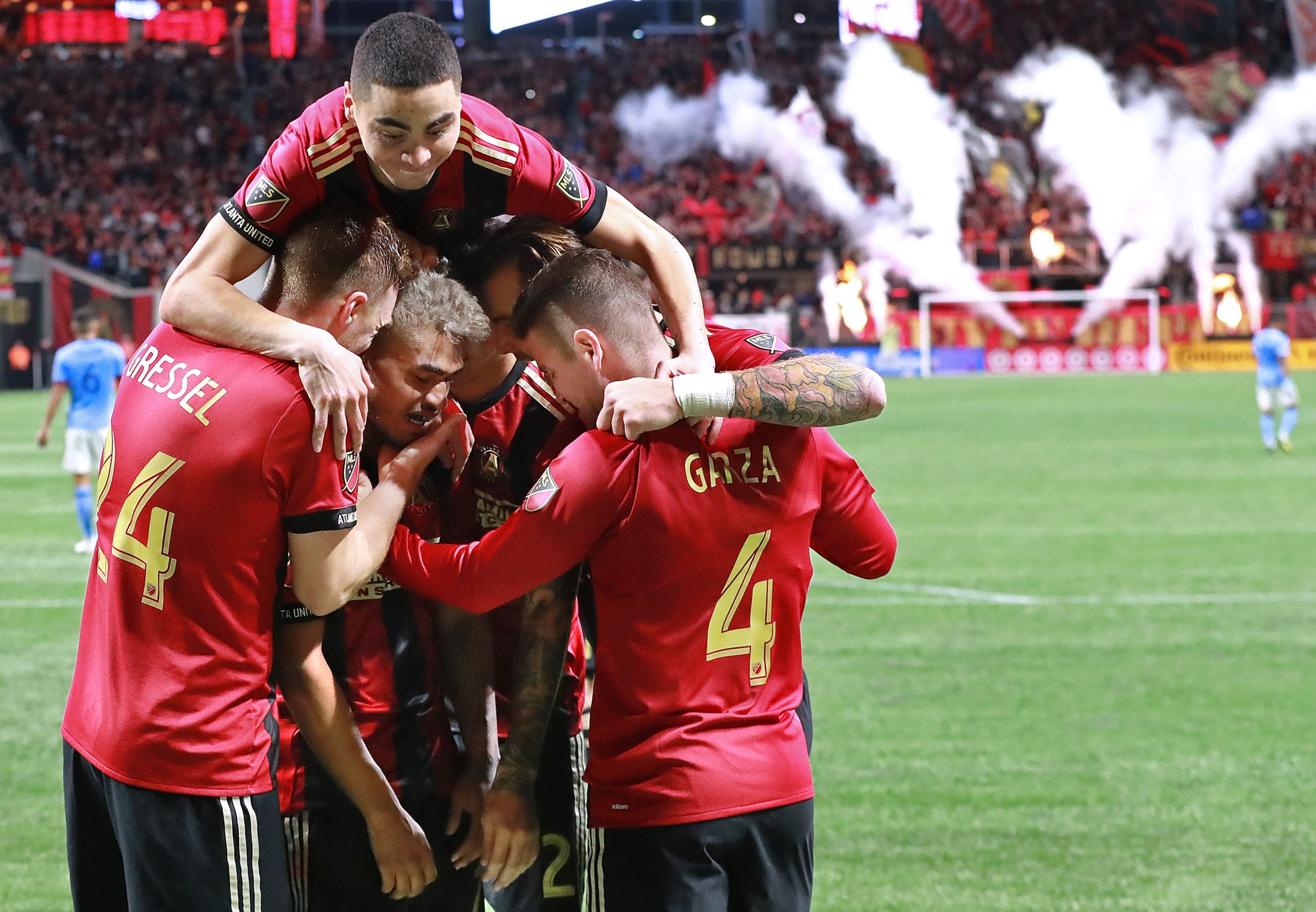 Nov 11, 2018 Atlanta: Atlanta United forward Josef Martinez (center) celebrates scoring his second goal of the night with teammates for a 3-1 victory over New York City during their MLS Eastern Conference Semifinal playoff match on Sunday, Nov. 11, 2018, in Atlanta. Curtis Compton/ccompton@ajc.com