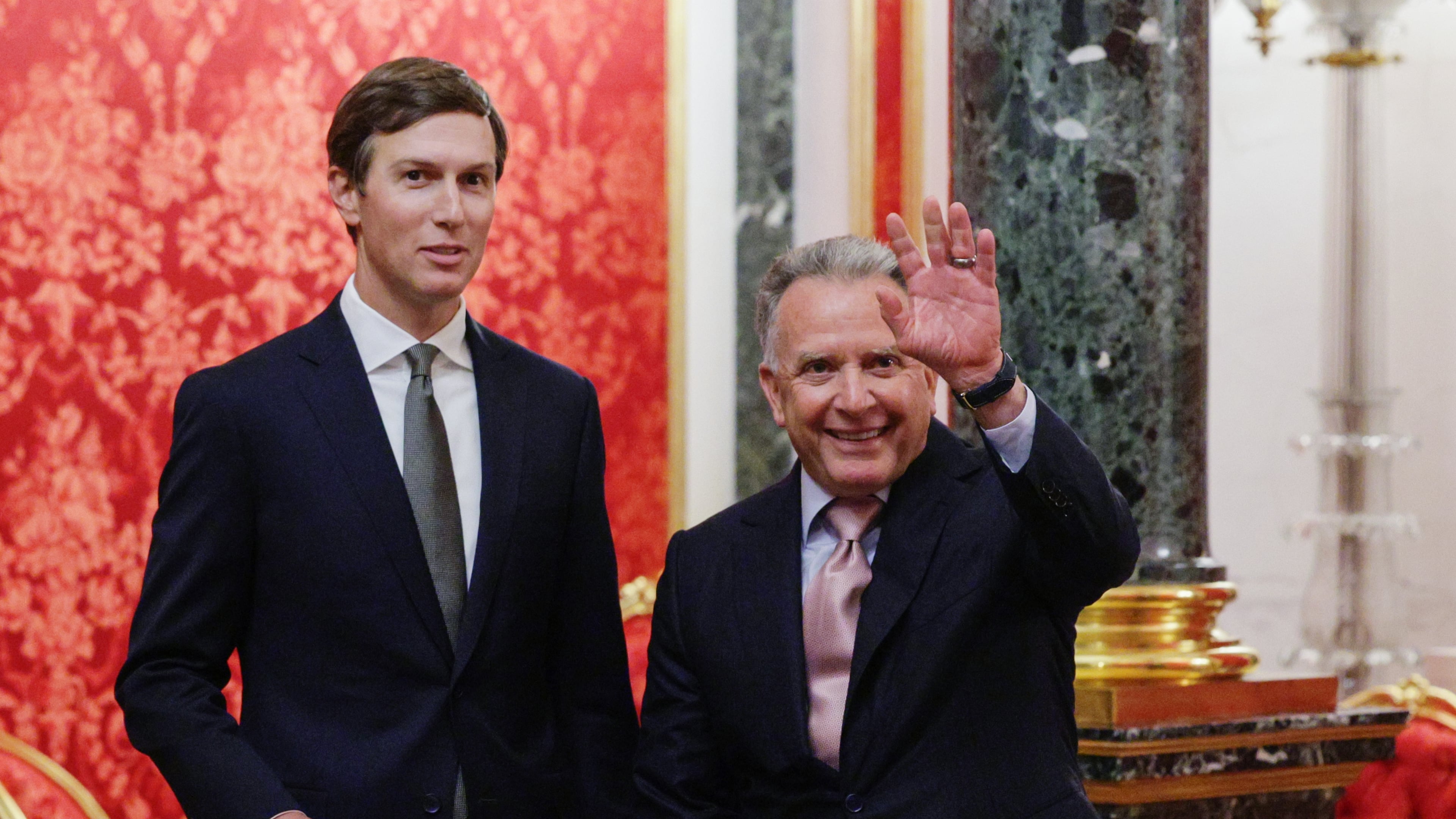 U.S. President Donald Trump's envoys Steve Witkoff, right, and Jared Kushner wait to attend the talks with Russian President Vladimir Putin at the Senate Palace of the Kremlin in Moscow, on Saturday, Sept. 5, 2026. (Gavriil Grigorov/Sputnik/Kremlin Pool Photo via AP)