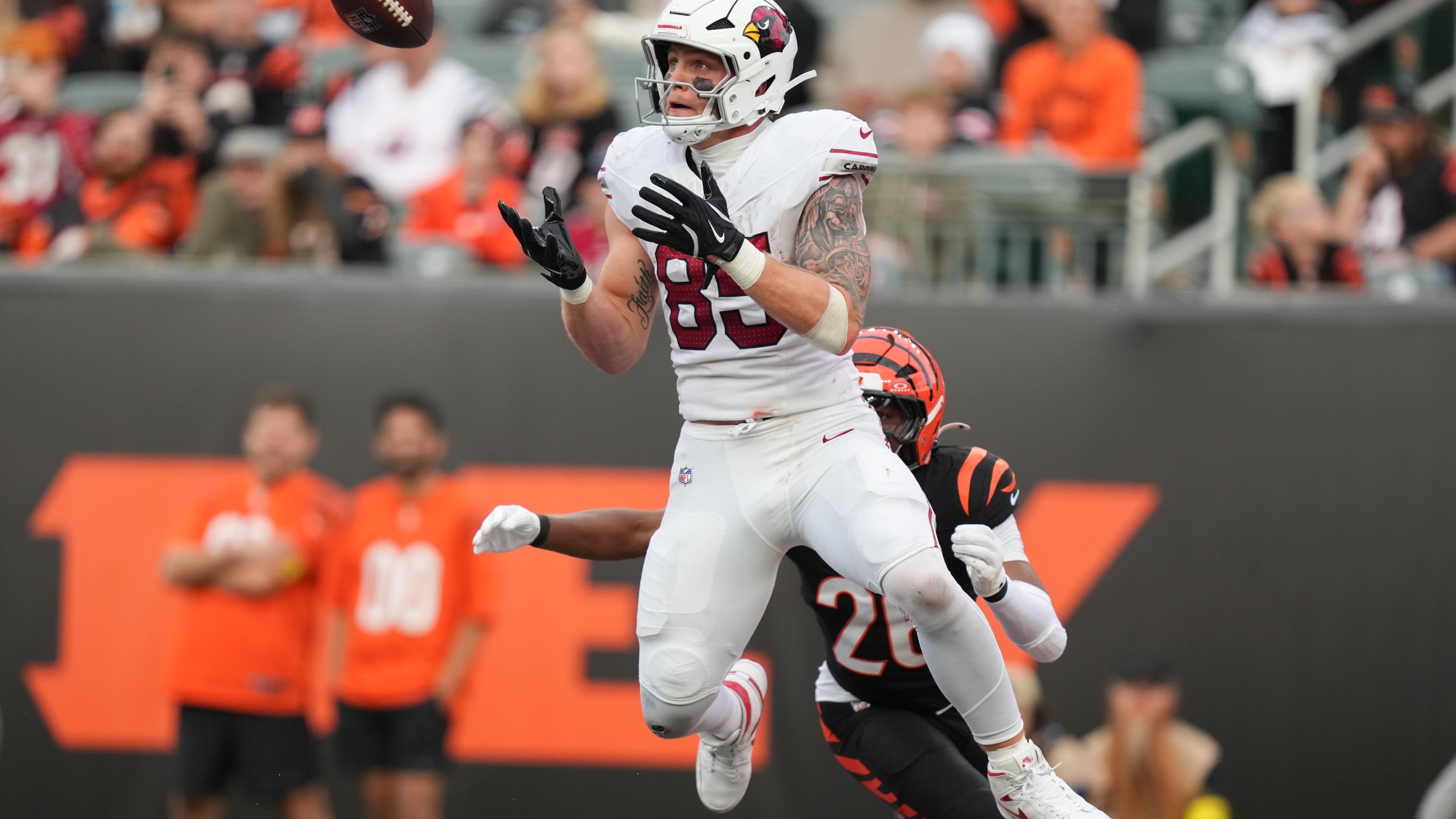FILE - Arizona Cardinals tight end Trey McBride (85) catches a touchdown pass in the end zone during the second half of an NFL football game against the Cincinnati Bengals, Dec. 28, 2025, in Cincinnati. (AP Photo/Joshua A. Bickel, File)