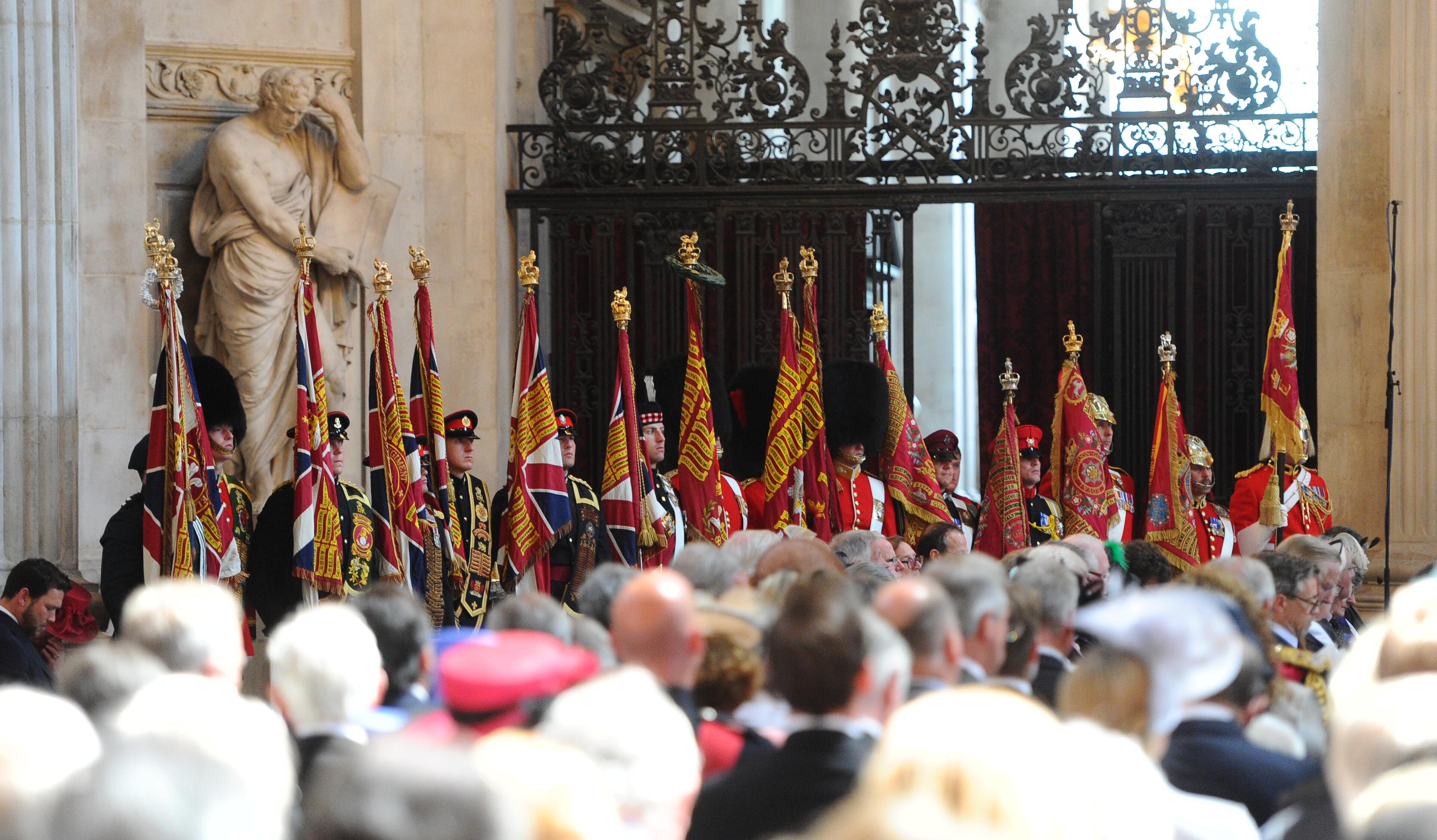LONDON, ENGLAND - JUNE 18: The Standards, Guidons and Colours of The Battle Of Waterloo are displayed during a National service to mark the 200th anniversary of the Battle of Waterloo at St Paul's Cathedral on June 18, 2015 in London, England. (Photo by Stuart C. Wilson - WPA Pool /Getty Images)