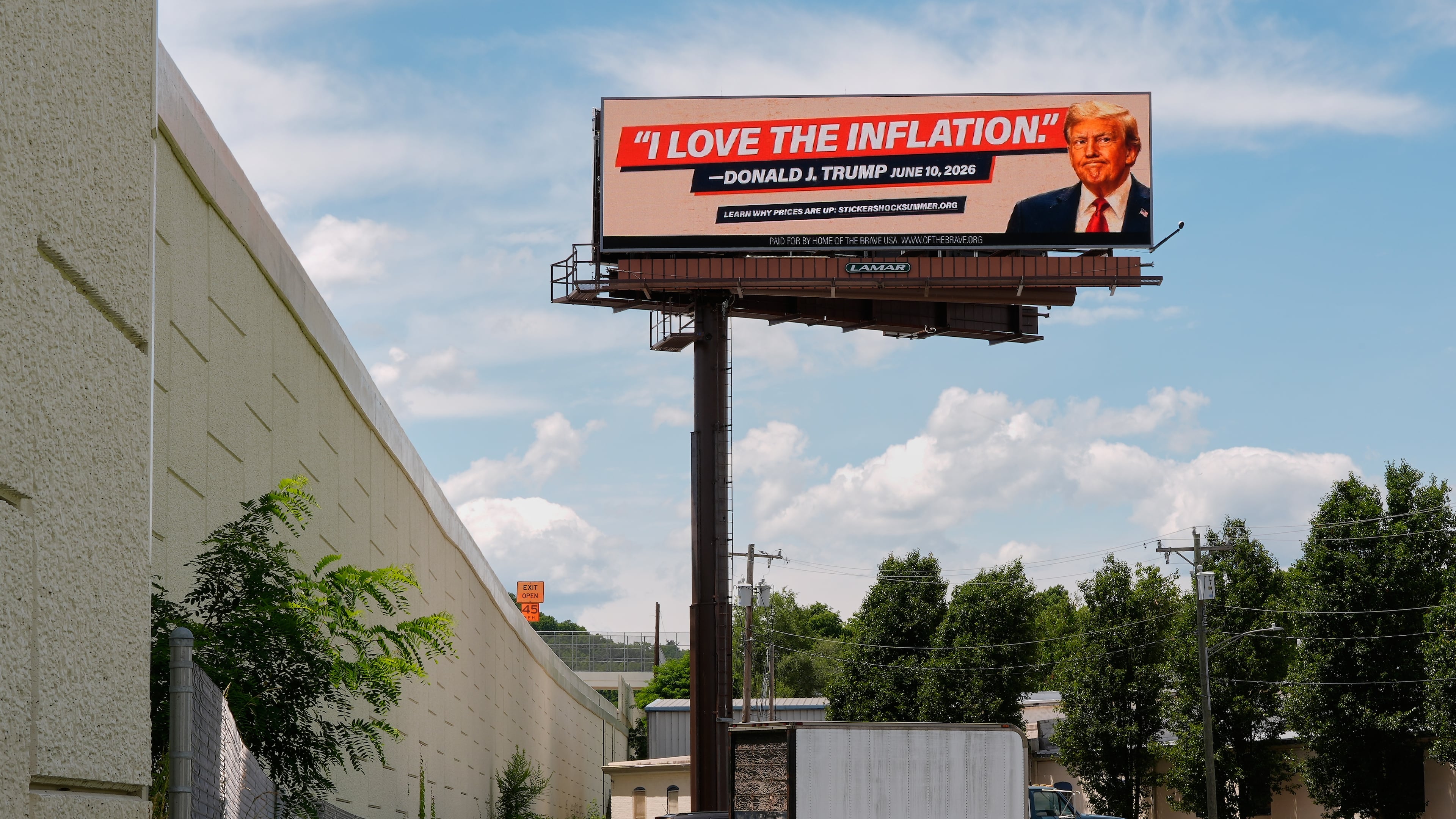 An electronic billboard that reads "I love the inflation." - Donald J. Trump June 10, 2026," is seen near I-74 in Cincinnati, Tuesday, June 16, 2026. (AP Photo/Carolyn Kaster)