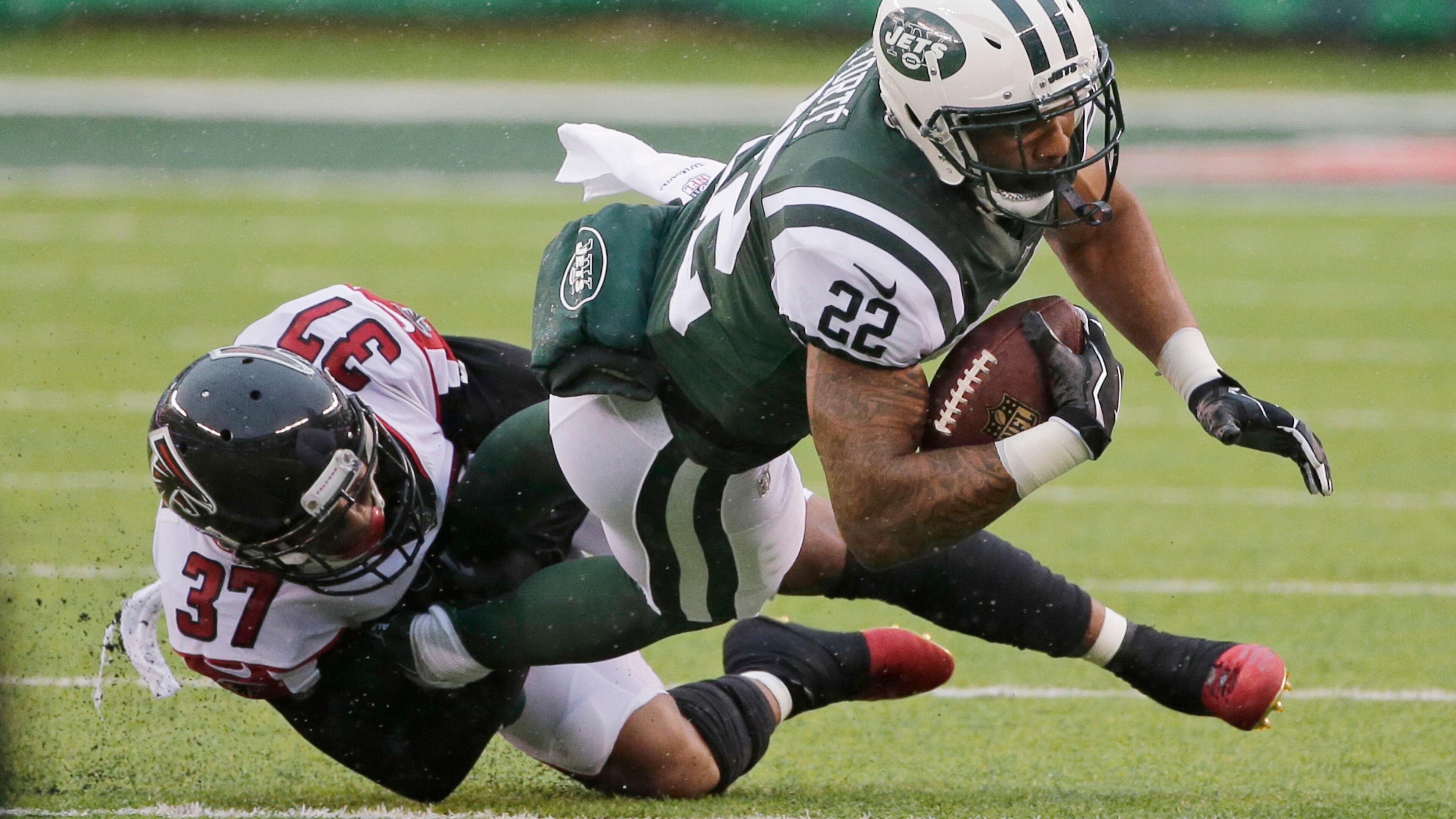 Atlanta Falcons' Ricardo Allen (37) tackles New York Jets' Matt Forte (22) during the first half of an NFL football game Sunday, Oct. 29, 2017, in East Rutherford, N.J. (AP Photo/Seth Wenig)