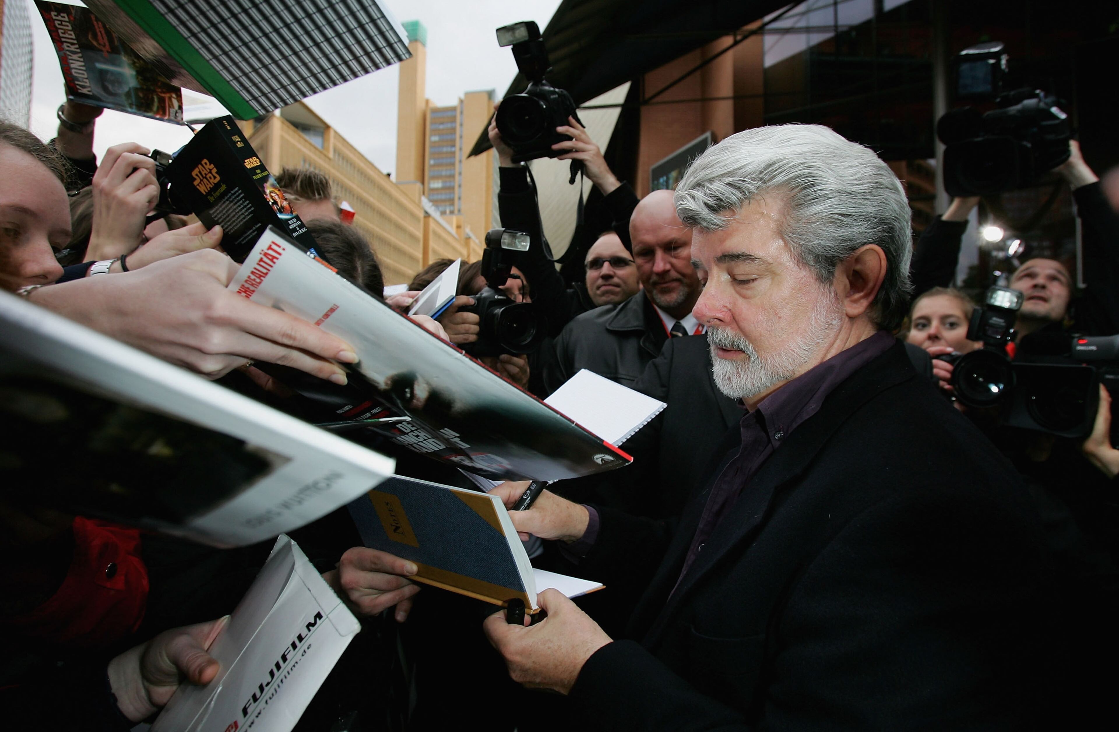 Director George Lucas arrives for the German premiere of "Star Wars - Episode III - Revenge of the Sith" on May 17, 2005, in Berlin, Germany.