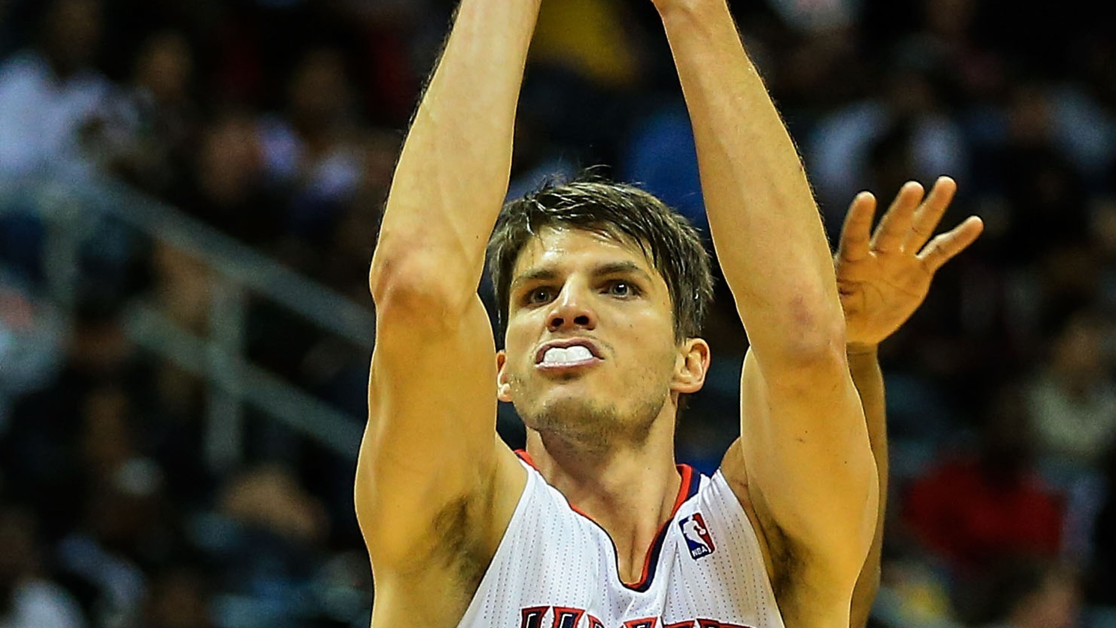 Dec 6, 2013; Atlanta, GA, USA; Atlanta Hawks shooting guard Kyle Korver (26) shoots the ball in the second half against the Cleveland Cavaliers at Philips Arena. The Hawks won 108-89.