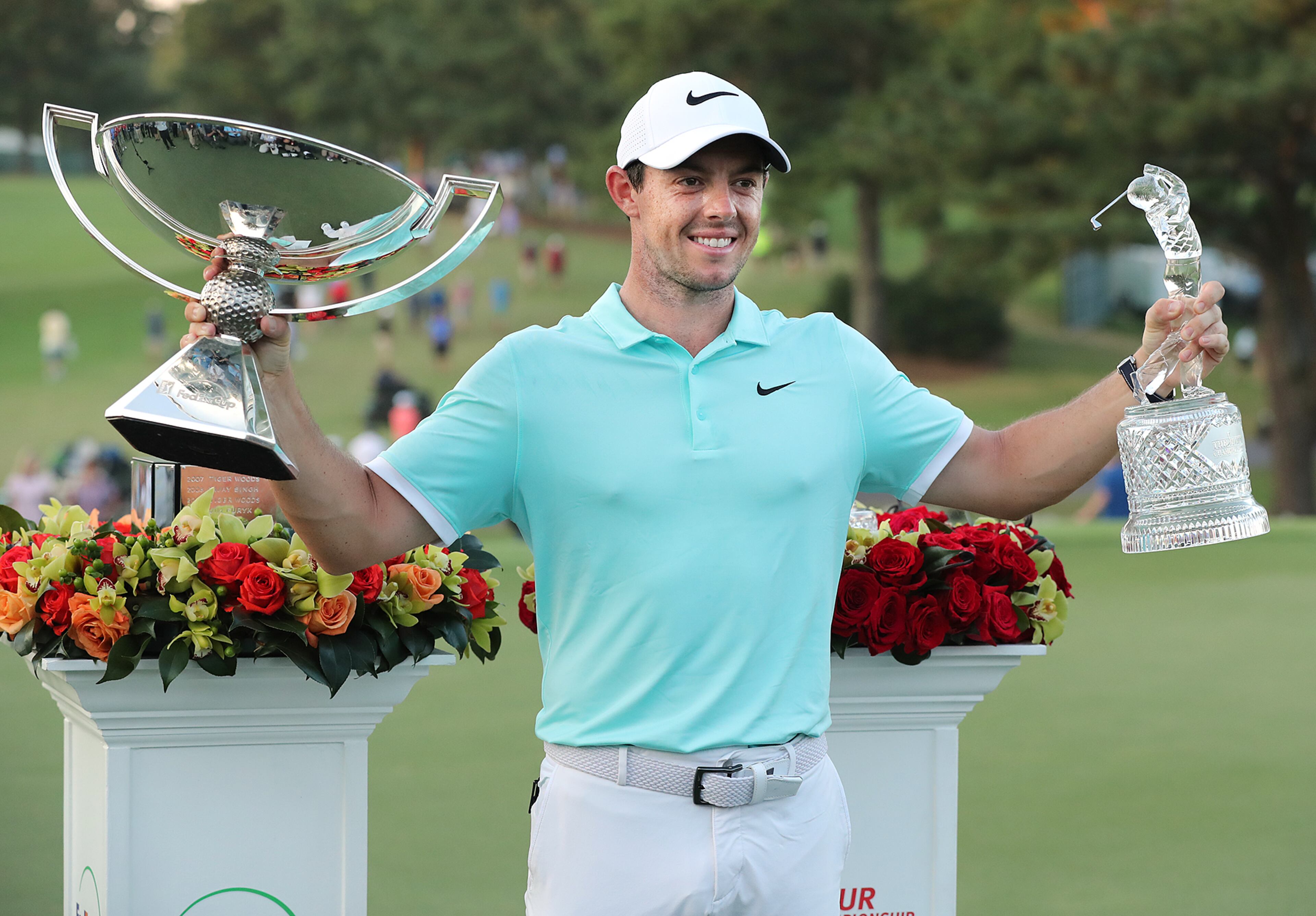 September 25, 2016 ATLANTA: Rory McIIroy with his hardware after winning the Tour Championship and the FedEx Cup by sinking a birdie putt on the fourth playoff hole during the final round of the Tour Championship at East Lake Golf Club on Sunday, Sept. 25, 2016, in Atlanta. McIlroy beat Ryan Moore and Kevin Chappell in a three way playoff. Curtis Compton /ccompton@ajc.com
