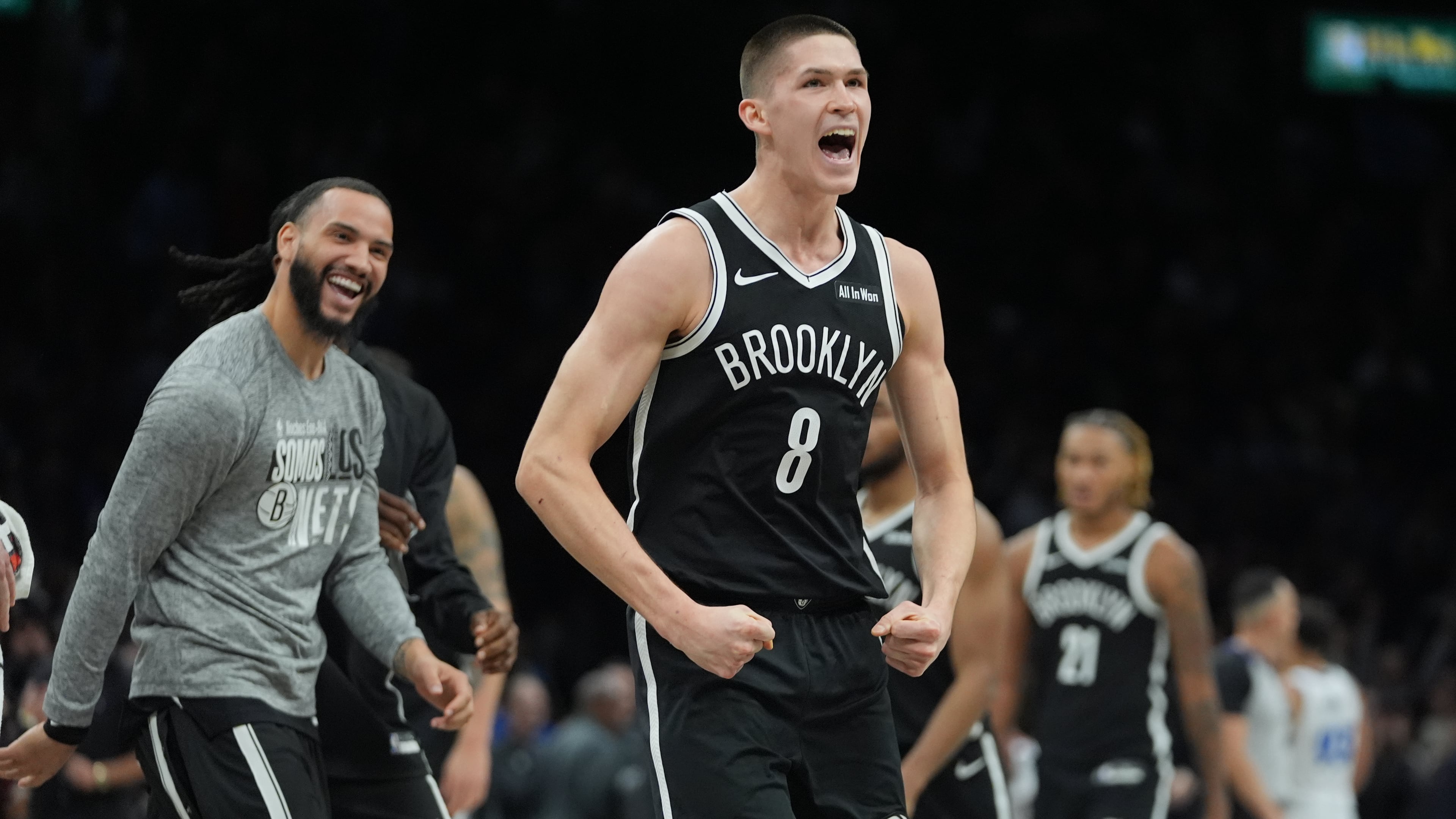 Brooklyn Nets' Egor Demin (8) celebrates after making a three-point shot during the second half of an NBA basketball game against the Orlando Magic Wednesday, Jan. 7, 2026, in New York. (AP Photo/Frank Franklin II)