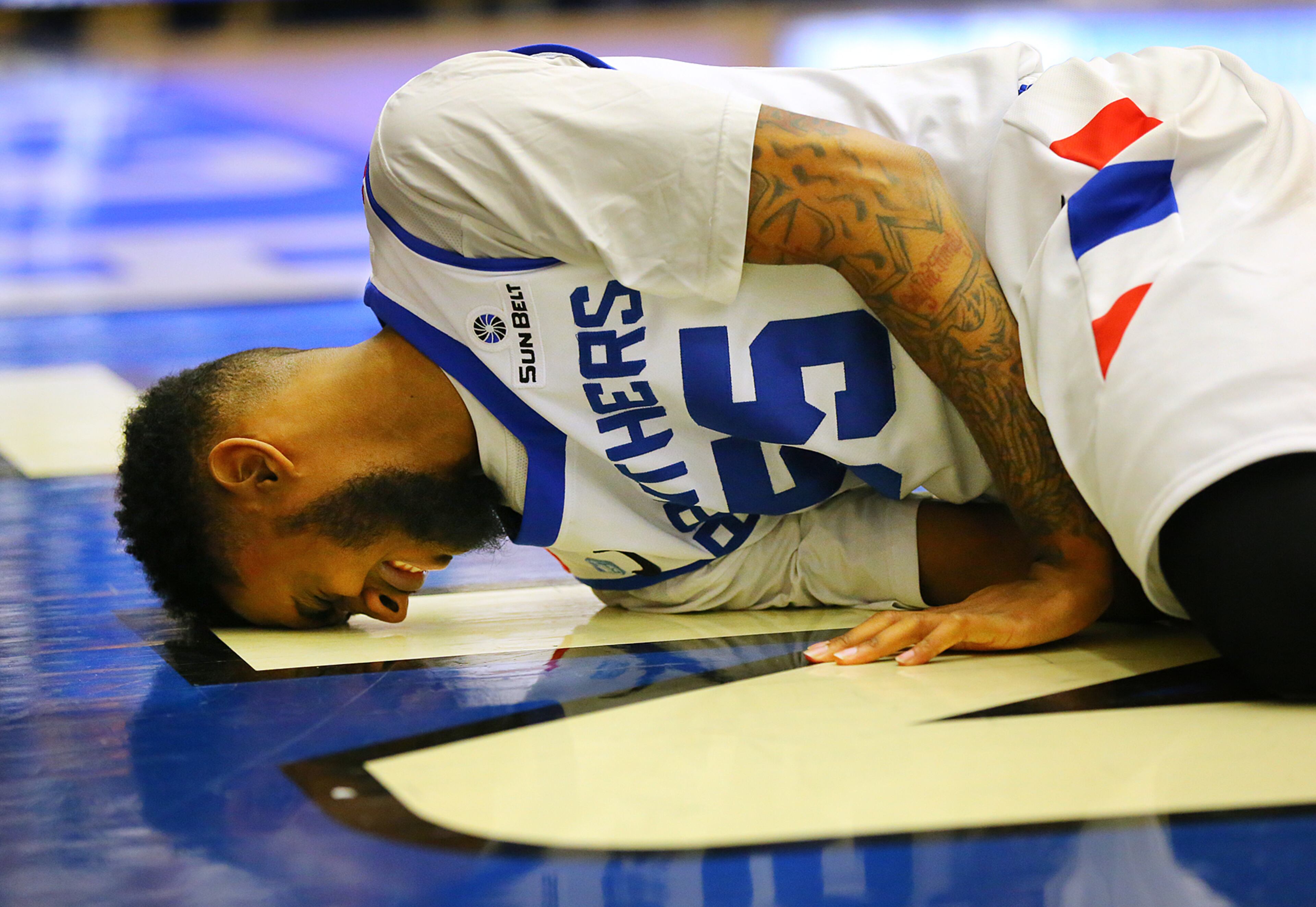 Georgia State guard Ryan Harrow hits the hardwood and left the game against Georgia Southern during a basketball game on Saturday, March 7, 2015, in Atlanta. Harrow returned to the game in the second half, but he left the game again having suffered an apparent injury on this play.