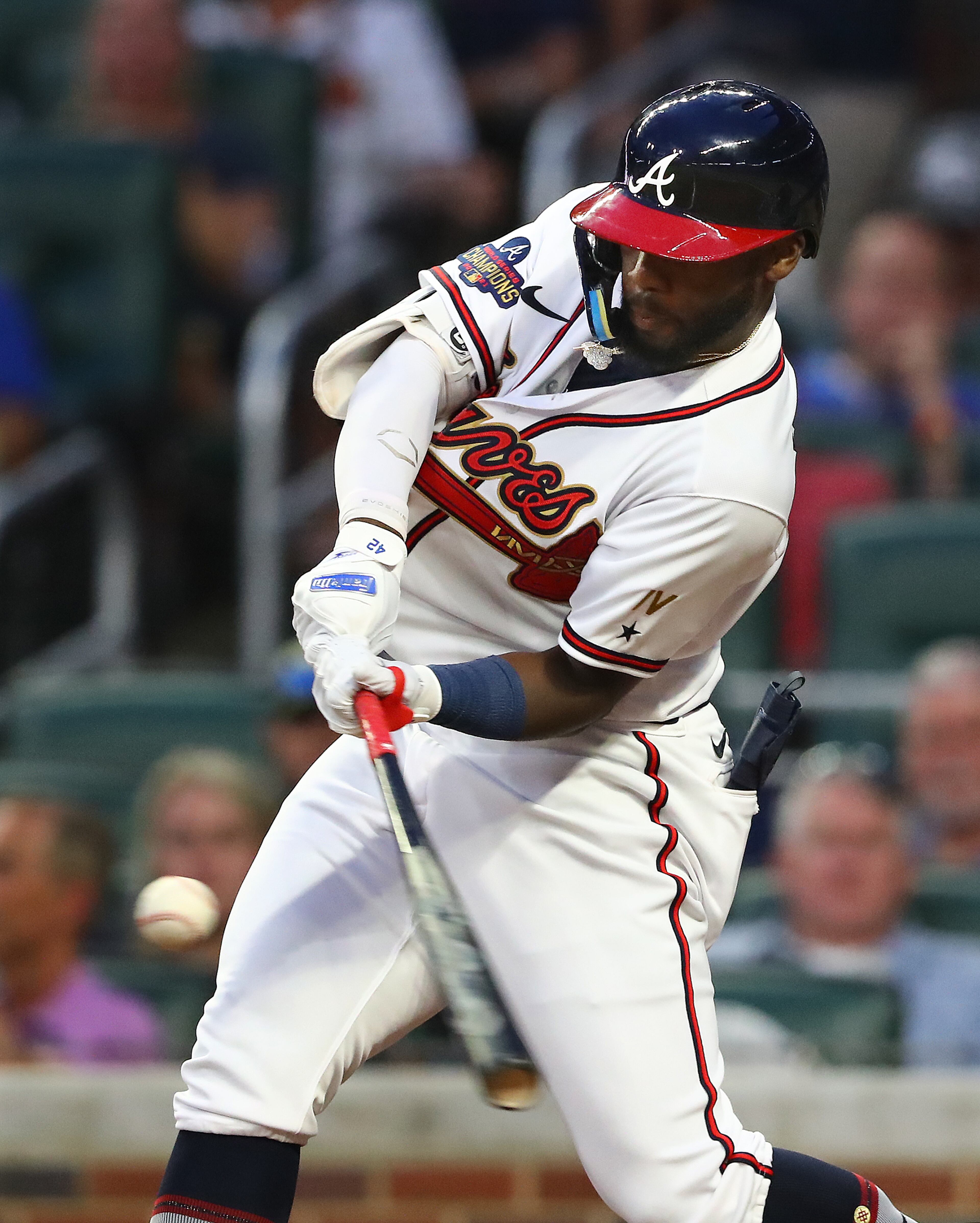 Atlanta Braves outfielder Michael Harris hits a two-run triple to give his team a 3-2 lead over the Oakland Athletics during the fifth inning of an MLB game on Wednesday, June 8, 2022, in Atlanta. (Curtis Compton / Curtis.Compton@ajc.com)