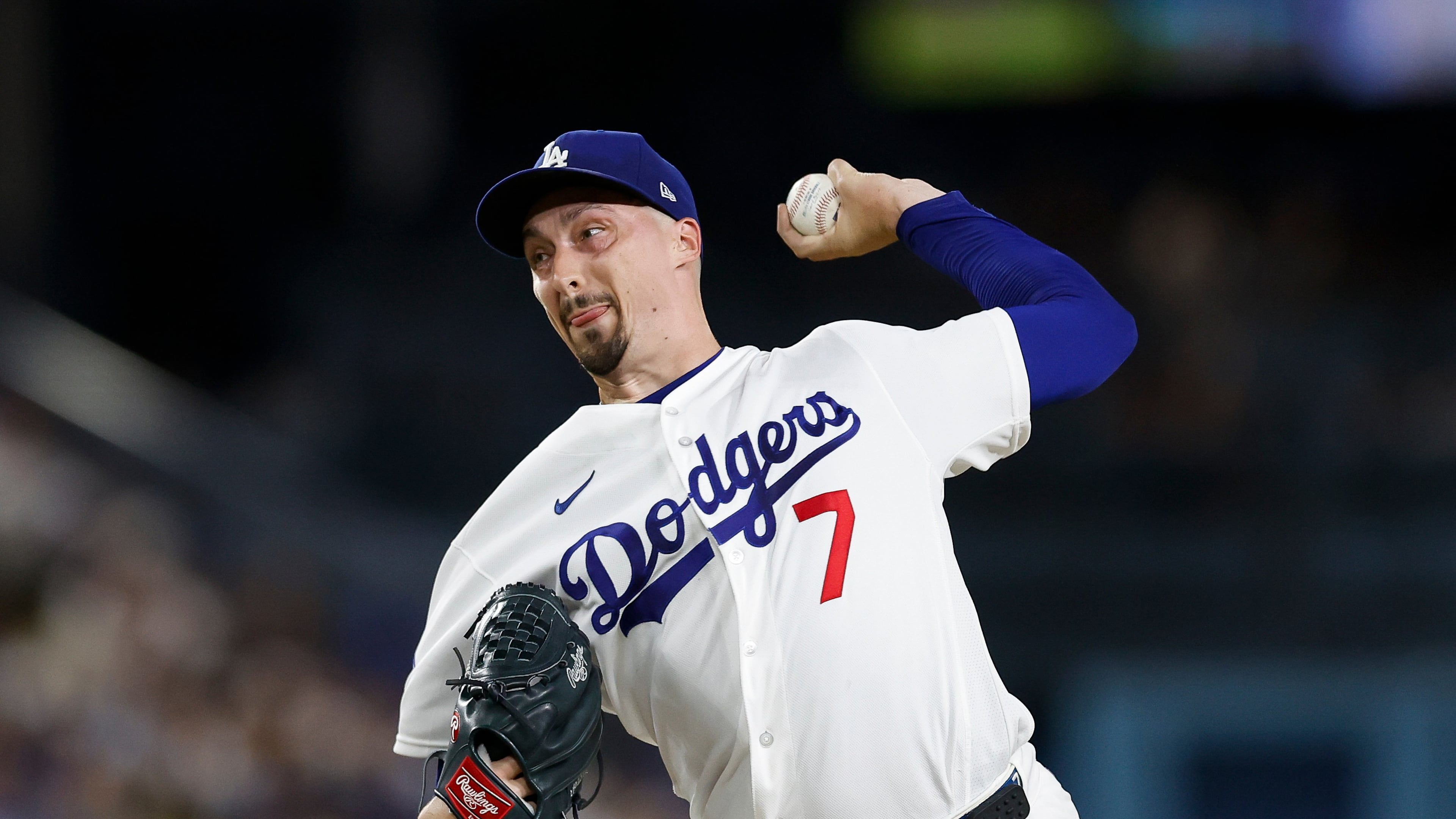 Los Angeles Dodgers starting pitcher Blake Snell (7) throws during the fifth inning of a baseball game against the Kansas City Royals, Tuesday, Aug. 11, 2026, in Los Angeles. (AP Photo/Caroline Brehman)