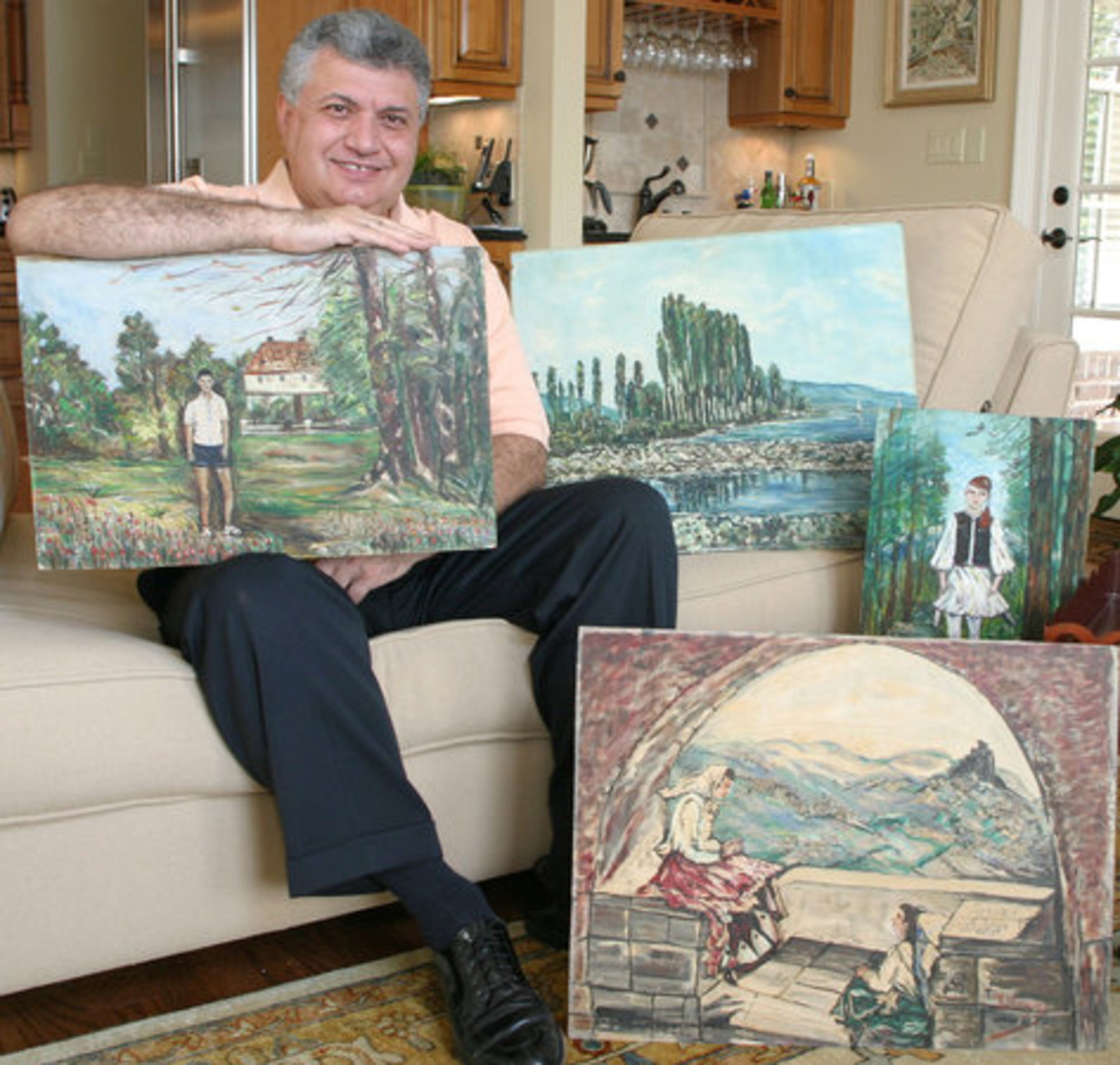 Tom displays some of the oil paintings in his collection that were created by his grandmother. She has four pieces in a prominent museum in Greece. "One is a view of the town Tom was born in and where he was baptized," offers Lois.