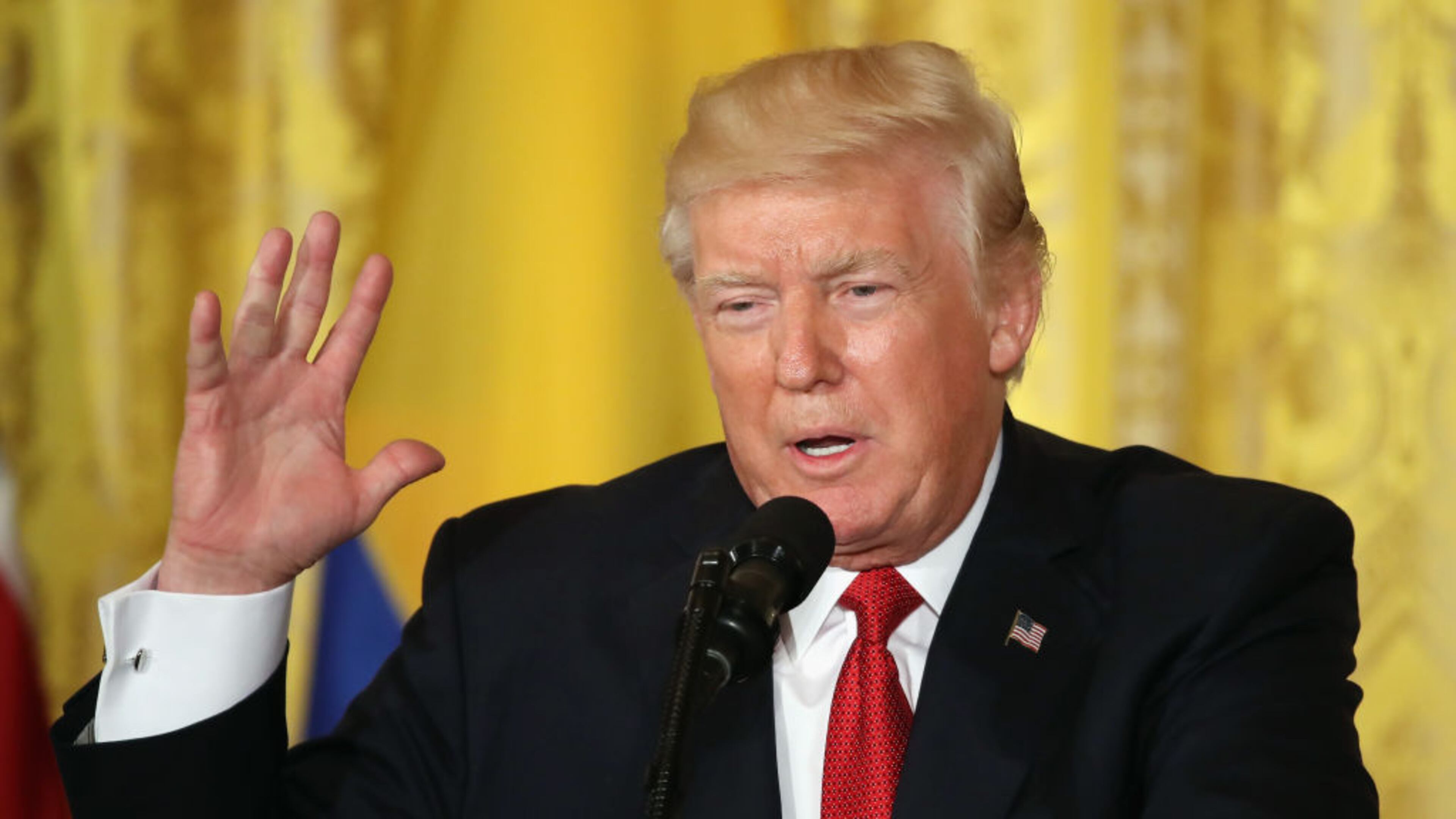 WASHINGTON, DC - MAY 18: U.S. President Donald Trump delivers remarks during a joint news conference with Colombian President Juan Manuel Santos at the White House May 18, 2017 in Washington, DC. The Trump administration has said it wants to slash foreign aide and Santos will most likely seek a renewal of $450 million dollars from the U.S. that supports the peace accord between the Columbian government at the Revolutionary Armed Forces (FARC). (Photo by Mark Wilson/Getty Images)