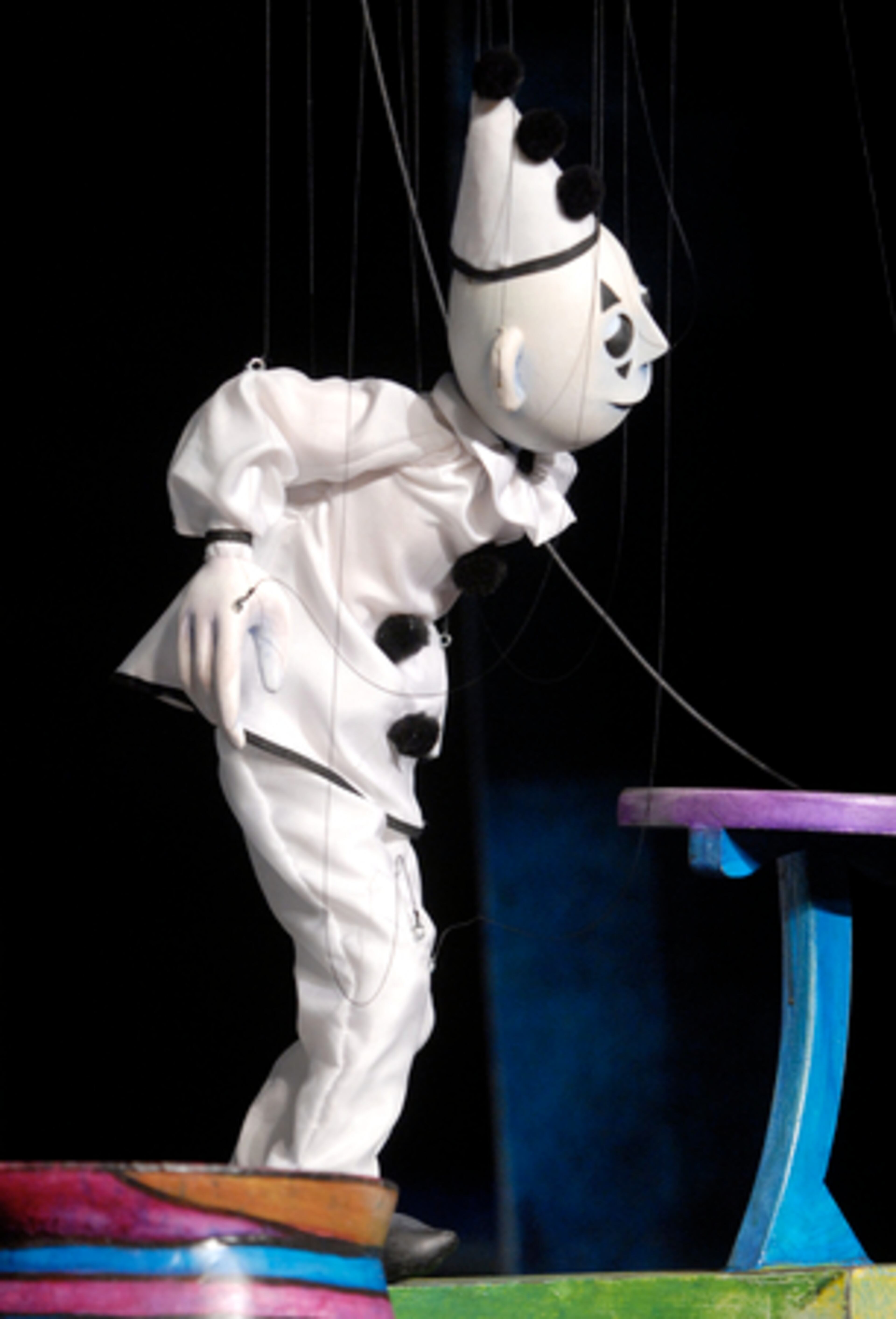 THE PUPPETS are all new and were designed for this show by the center's Jason von Hinezmeyer. They were carved in the center's shop from balsa wood, which is light and relatively strong. This one is "Pierrot."