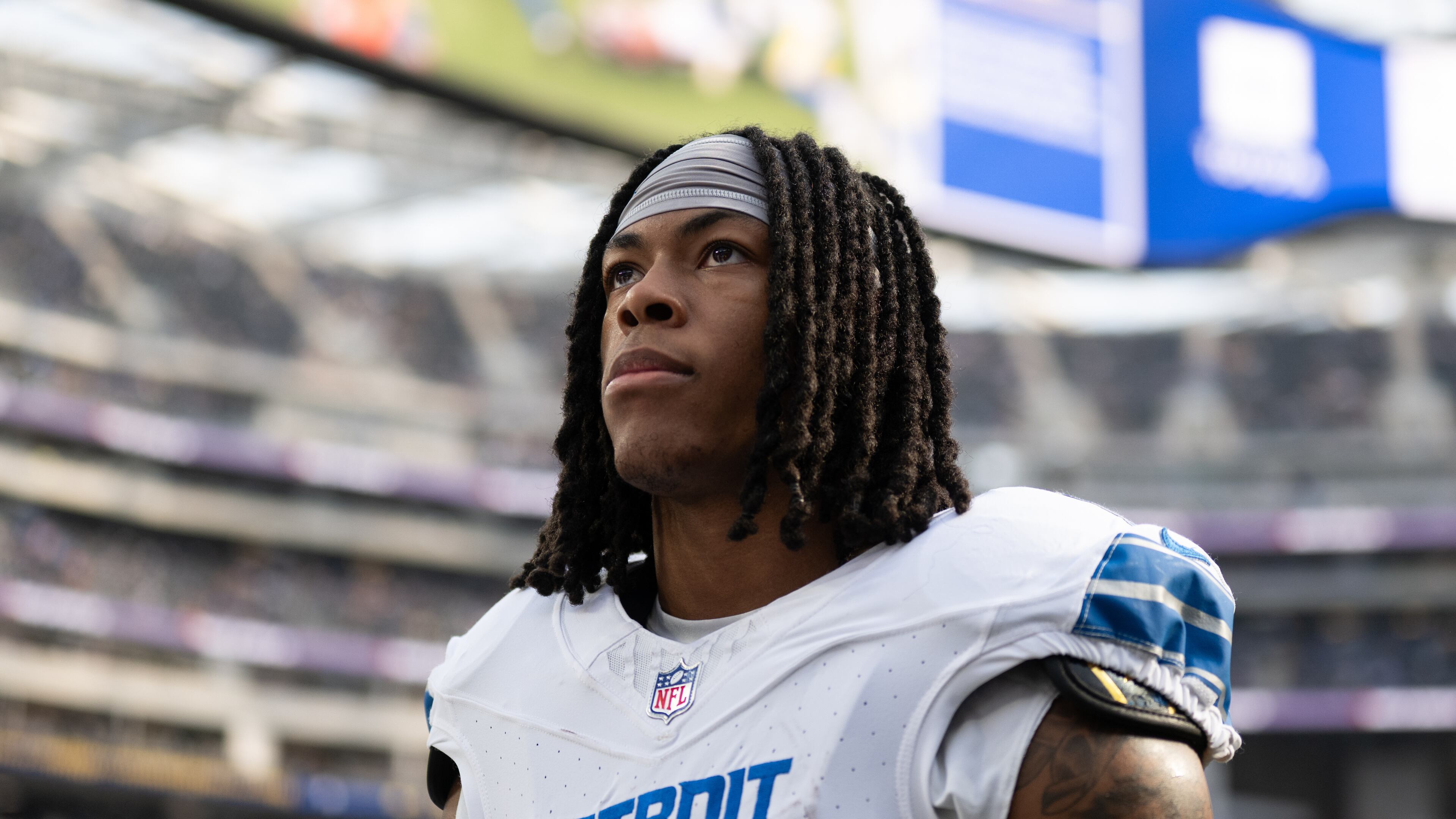 FILE - Detroit Lions running back Jahmyr Gibbs (0) walks back to the locker room before an NFL football game against the Los Angeles Rams, Dec. 14, 2025, in Inglewood, Calif. (AP Photo/Kyusung Gong, File)