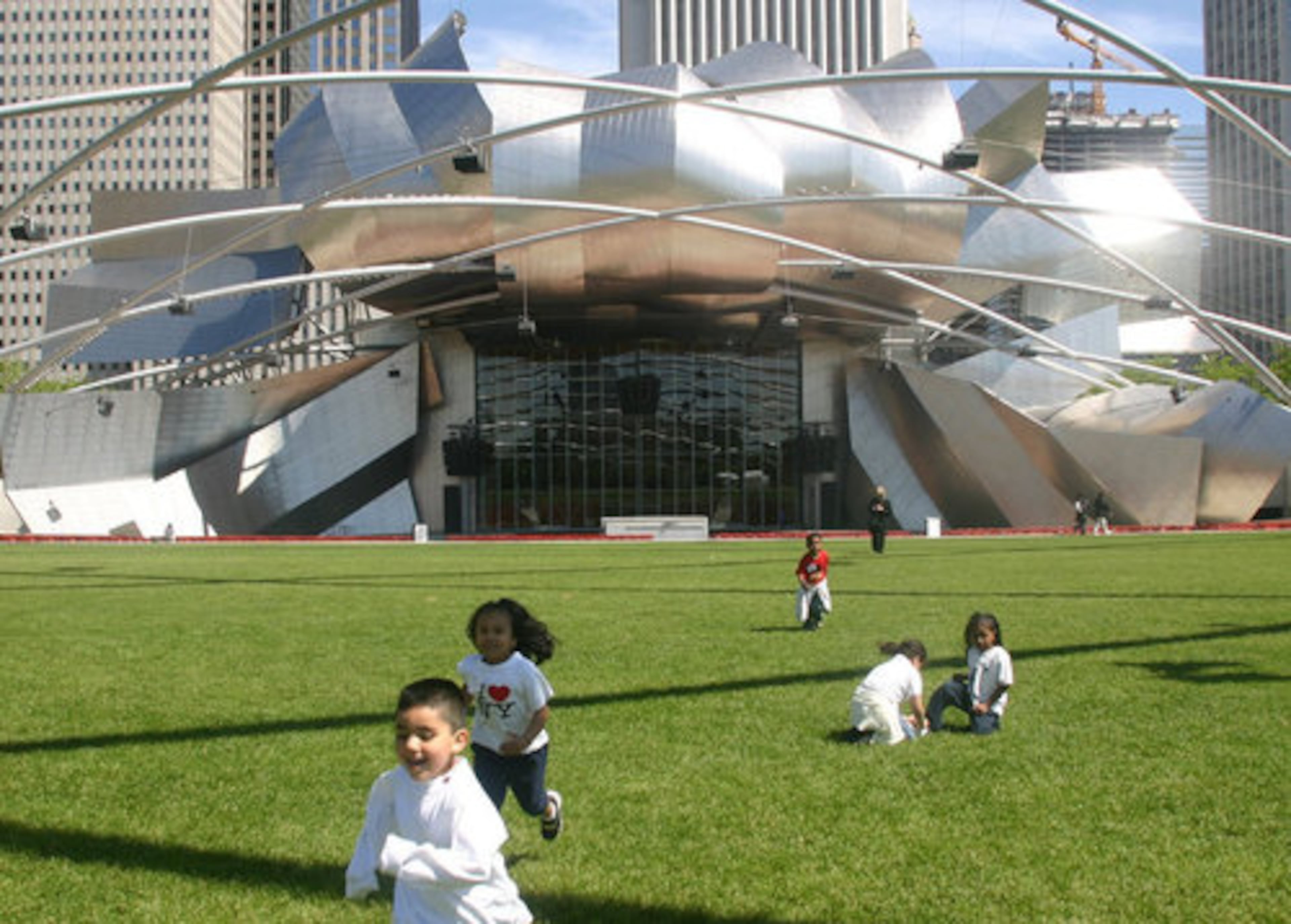 The stainless steel Pritzker Pavilion in Millennium Park was designed by Frank Gehry and is used for outdoor concerts.