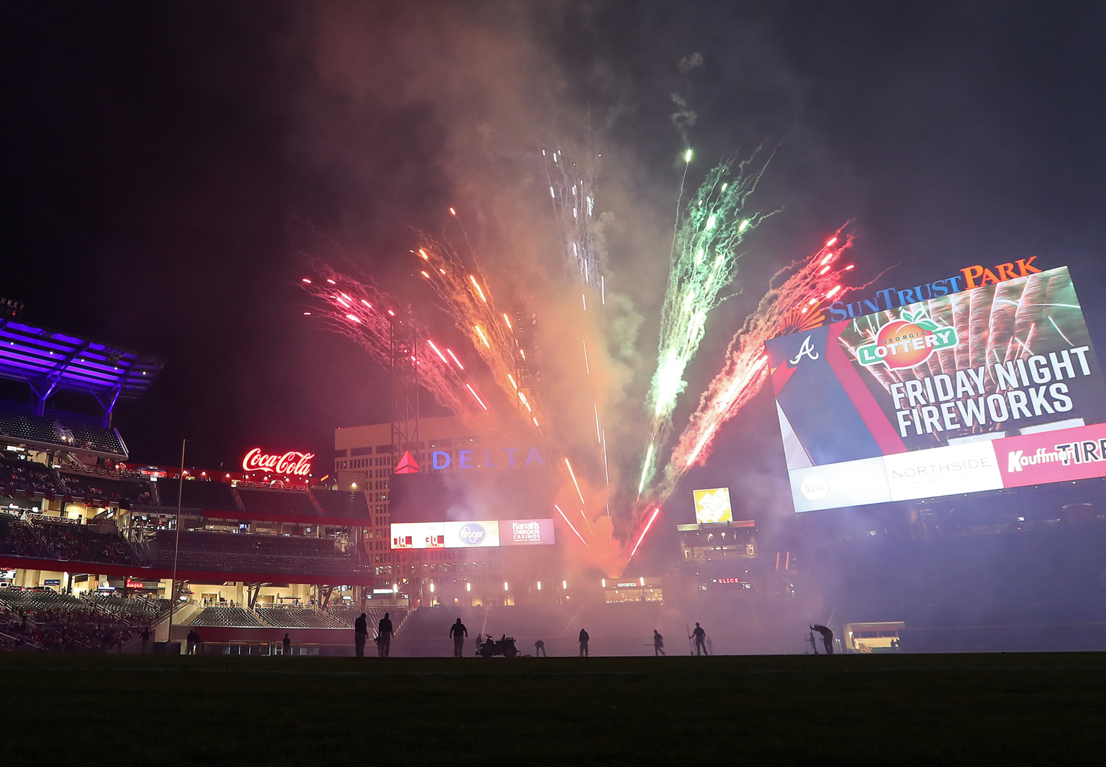 Fireworks top off the night at the conclusion of the Braves home opener in SunTrust Park on Friday, April 14, 2017.