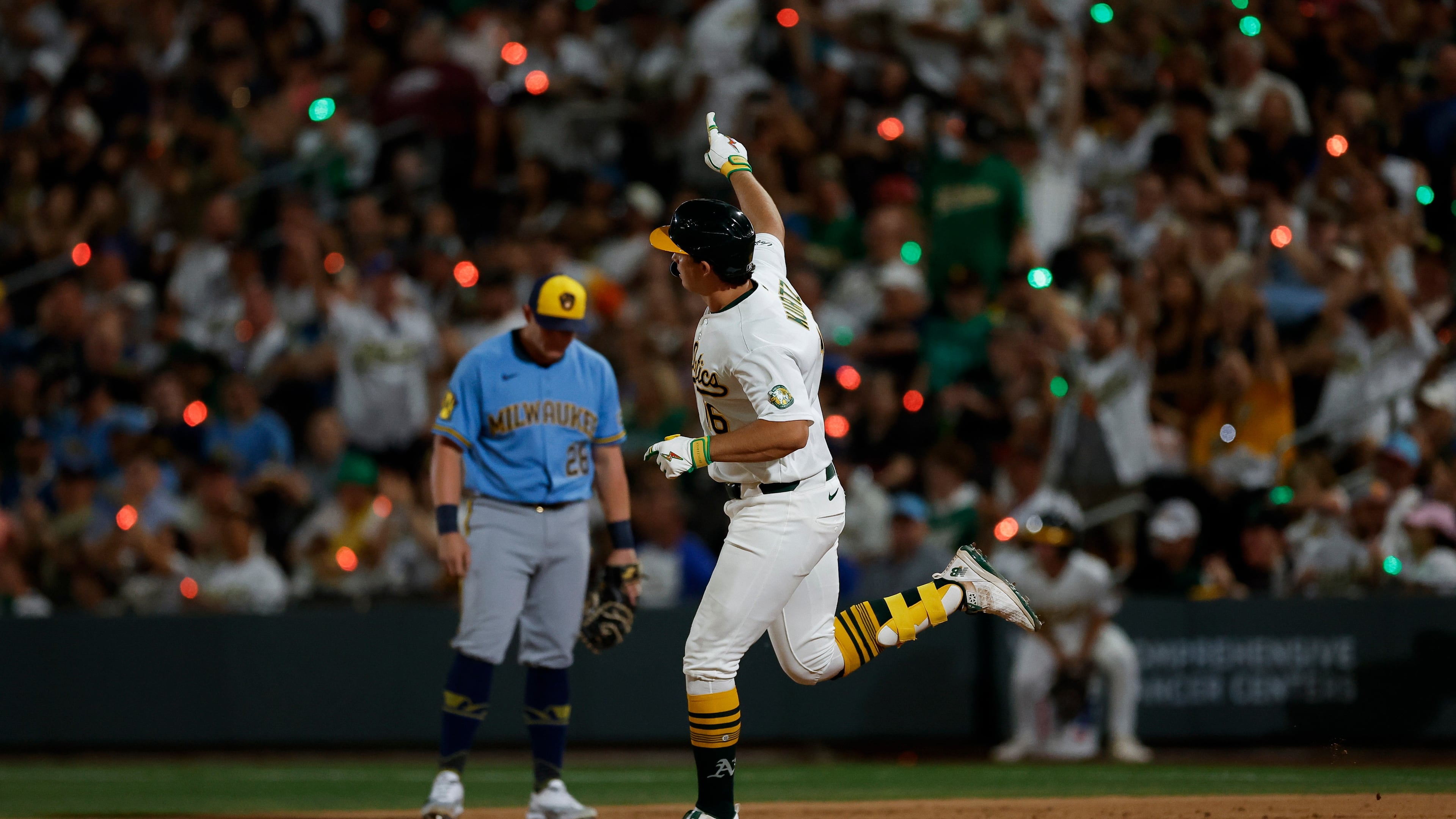 Athletics' Nick Kurtz (16) rounds the bases after hitting a solo home run during the sixth inning of a baseball game against the Milwaukee Brewers, Monday, June 8, 2026, in Las Vegas. (AP Photo/Caroline Brehman)