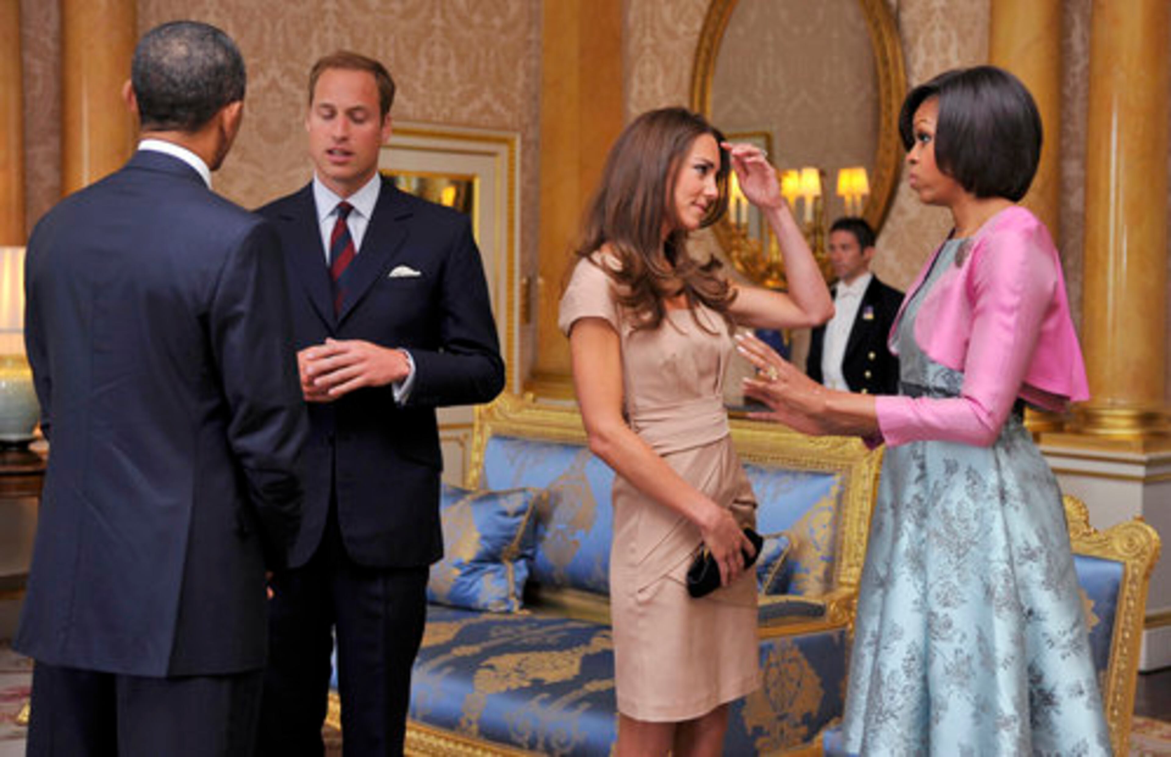 President Obama and first lady Michelle Obama began a two-day state visit to Britain at the invitation of Queen Elizabeth II. Here, they talk to Britain's Prince William and the Duchess of Cambridge at Buckingham Palace, in London Tuesday May 24, 2011.