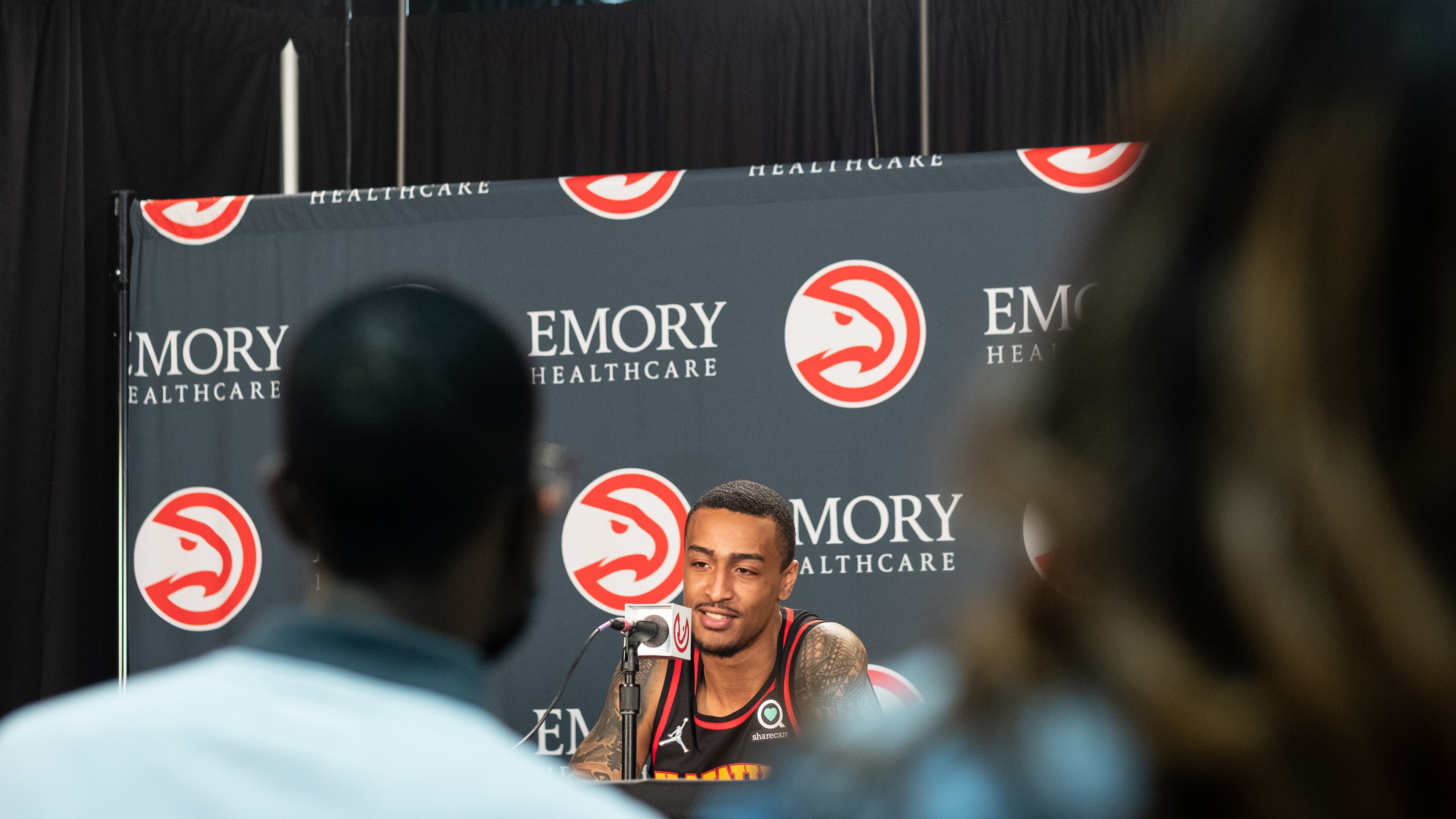 John Collins answers questions during Atlanta Hawks media day Monday, Sept. 27, 2021. (Ben@BenGray.com)