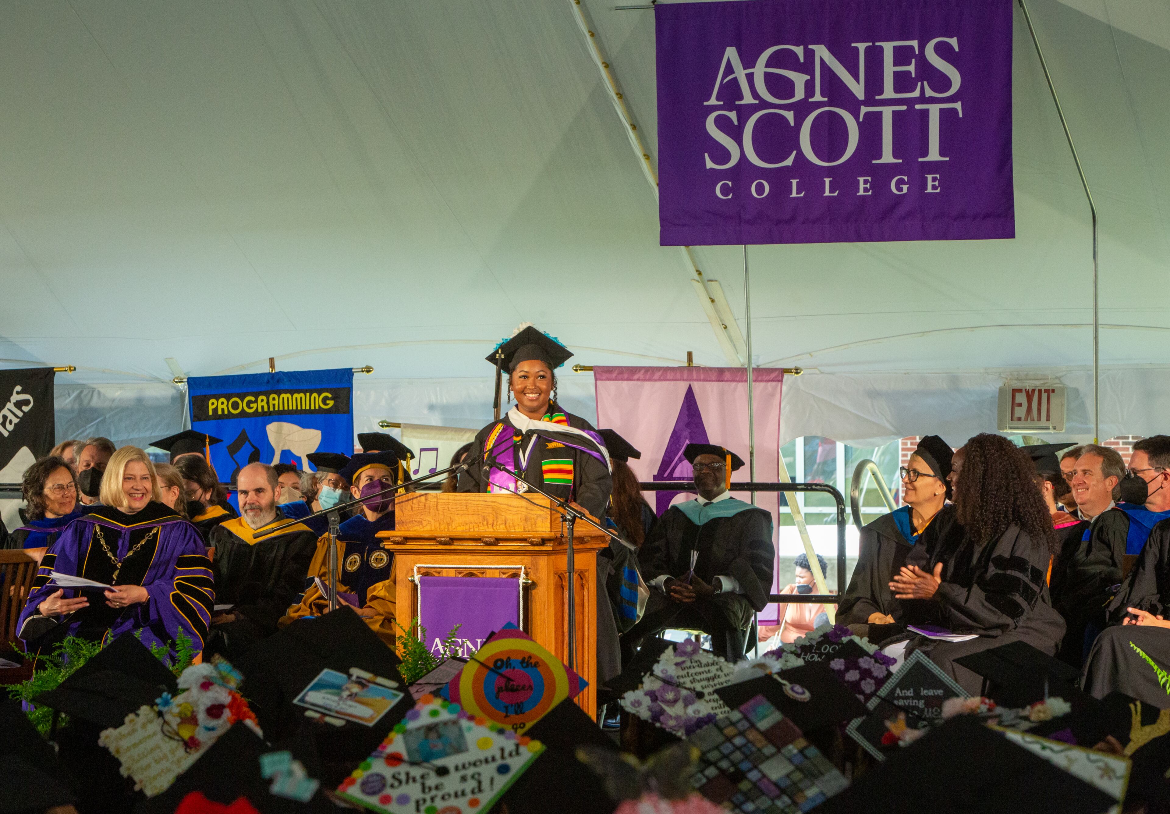 Class speaker Ryan Hayes-Owens addresses Agnes Scott College's largest graduating class of 282 graduates during the Spring Commencement ceremony on Saturday, May 14, 2022. (Jenni Girtman for The Atlanta Journal-Constitution)