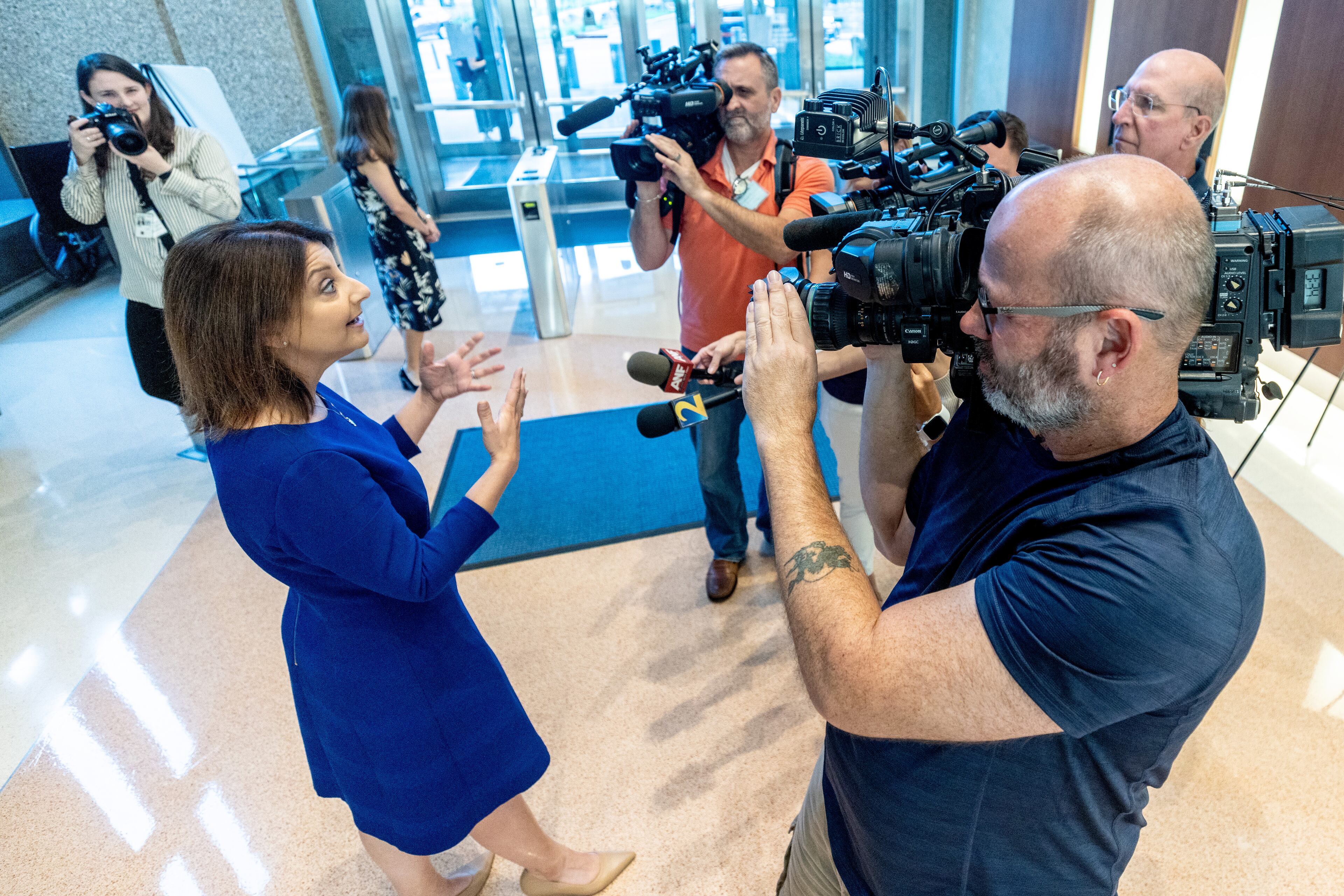 The new CDC Director, Dr. Mandy Cohen, talks with the press at the CDC headquarters in Atlanta Tuesday, July 11, 2023. (Steve Schaefer/steve.schaefer@ajc.com)