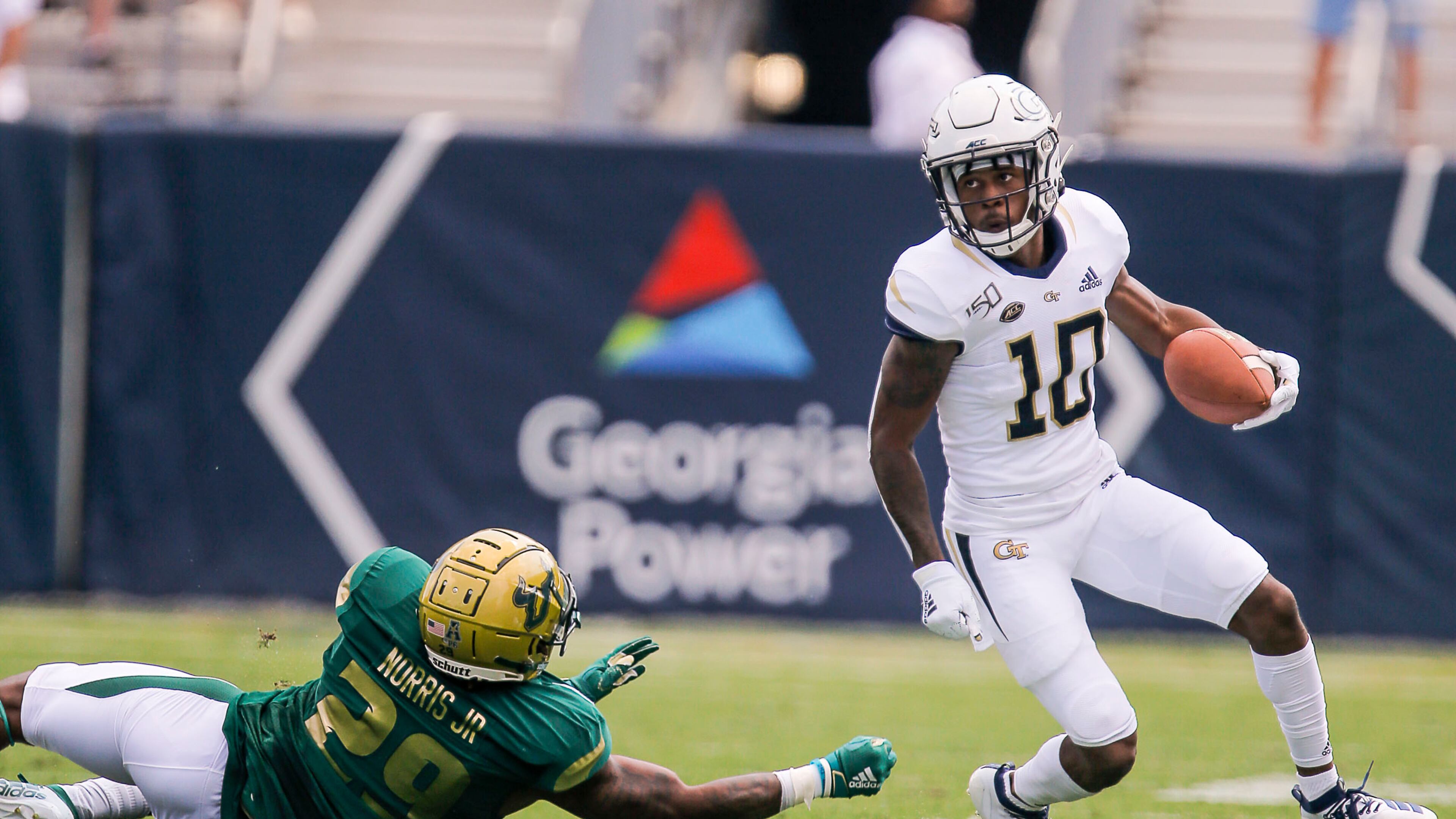 09/07/2019 -- Atlanta, Georgia -- Georgia Tech Yellow Jackets wide receiver Ahmarean Brown (10) returns a punt during the first half against the South Florida Bulls at Bobby Dodd Stadium in Atlanta, Saturday, September 7, 2019. (Alyssa Pointer/alyssa.pointer@ajc.com)