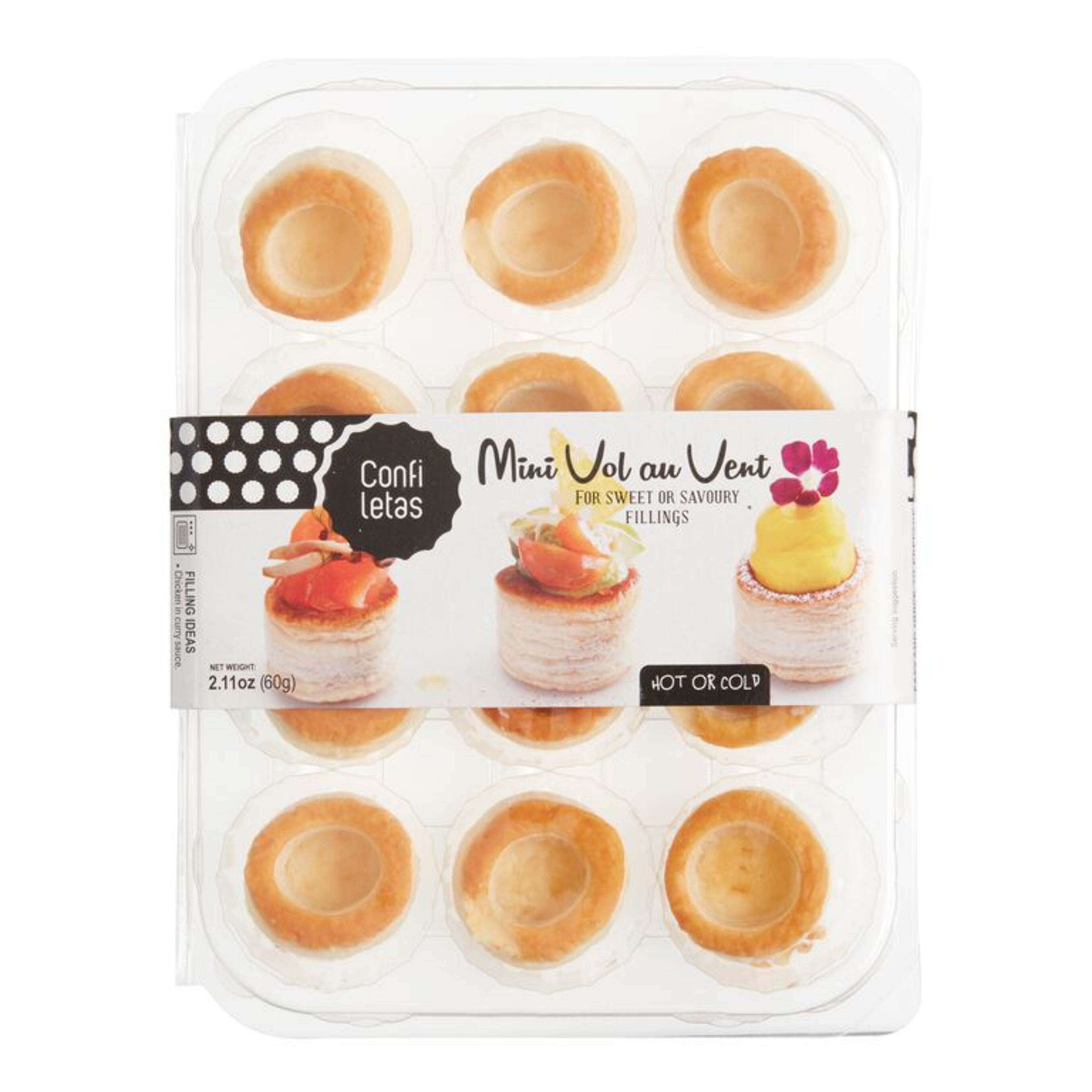 Confiletas mini vol-au-vent provide pre-baked puff pastry cases that can hold sweet or savoring fillings.