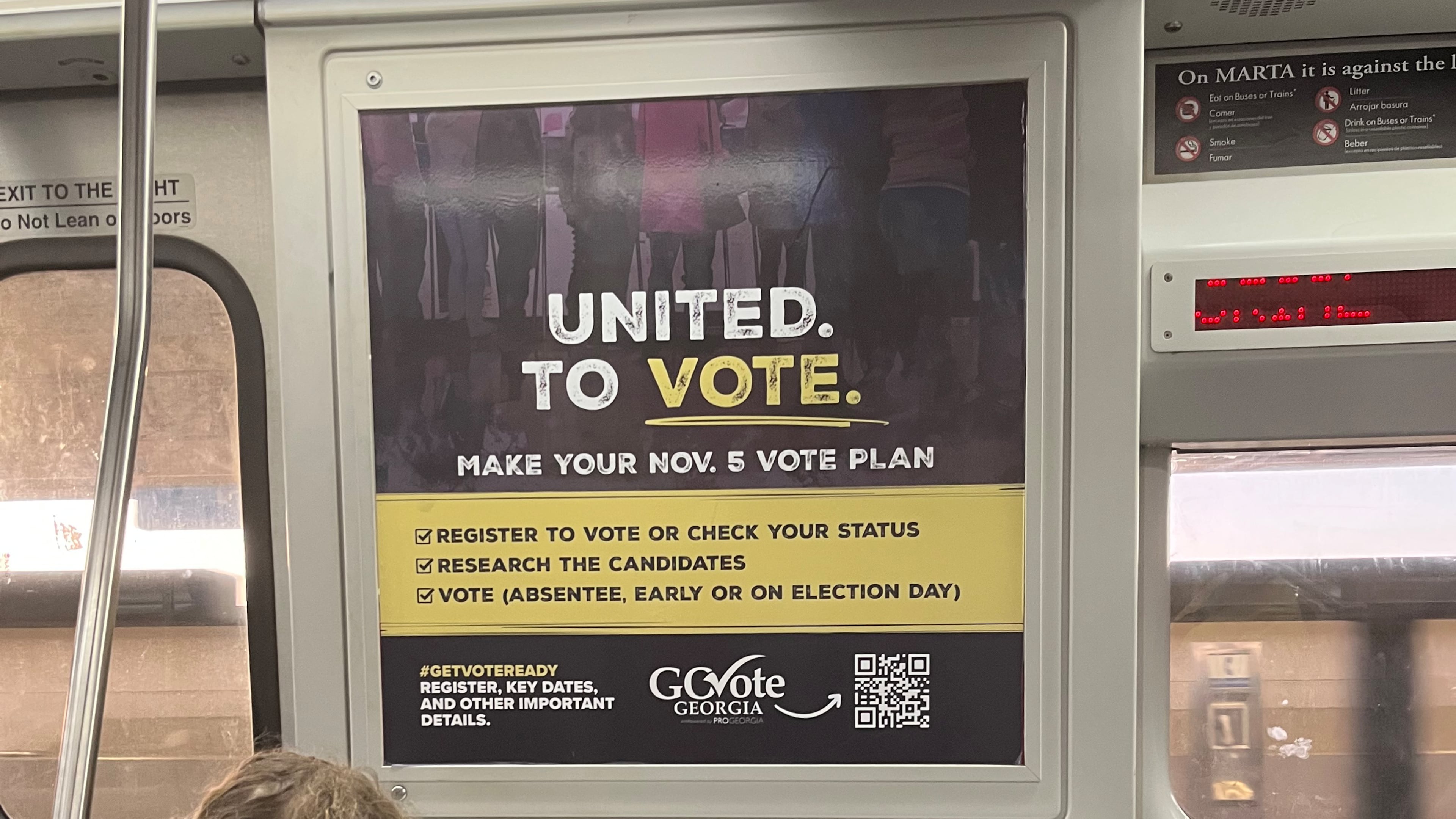 An old advertisement on a MARTA train that highlights the wrong date for Election Day will be removed, a spokesperson for the transit agency says. The ad makes note of Nov. 5 as being Election Day, which was the case in 2024. This year, Election Day falls on Nov. 3. A rider noticed the ad and snapped a photo of it Oct. 15, 2026. (Courtesy of Mary White)