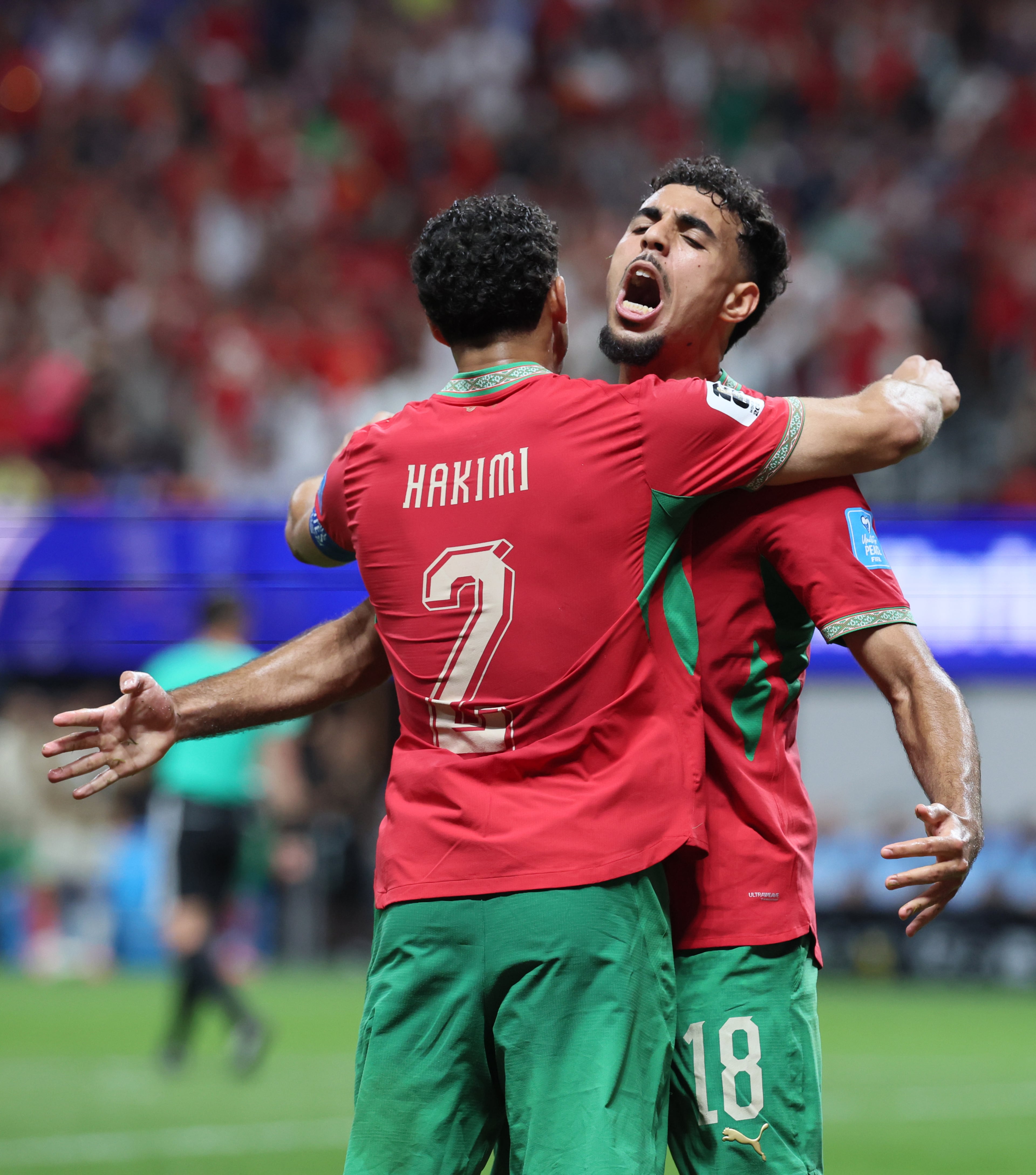 Morocco's Morocco's Achraf Hakimi and Chadi Riad celebrate a goal by teammate Soufiane Rahimi during second half of Morocco vs. Haiti Group C FIFA World Cup match at Atlanta Stadium (Mercedes-Benz Stadium) on Wednesday, June 24, 2026. (Jason Getz/AJC)