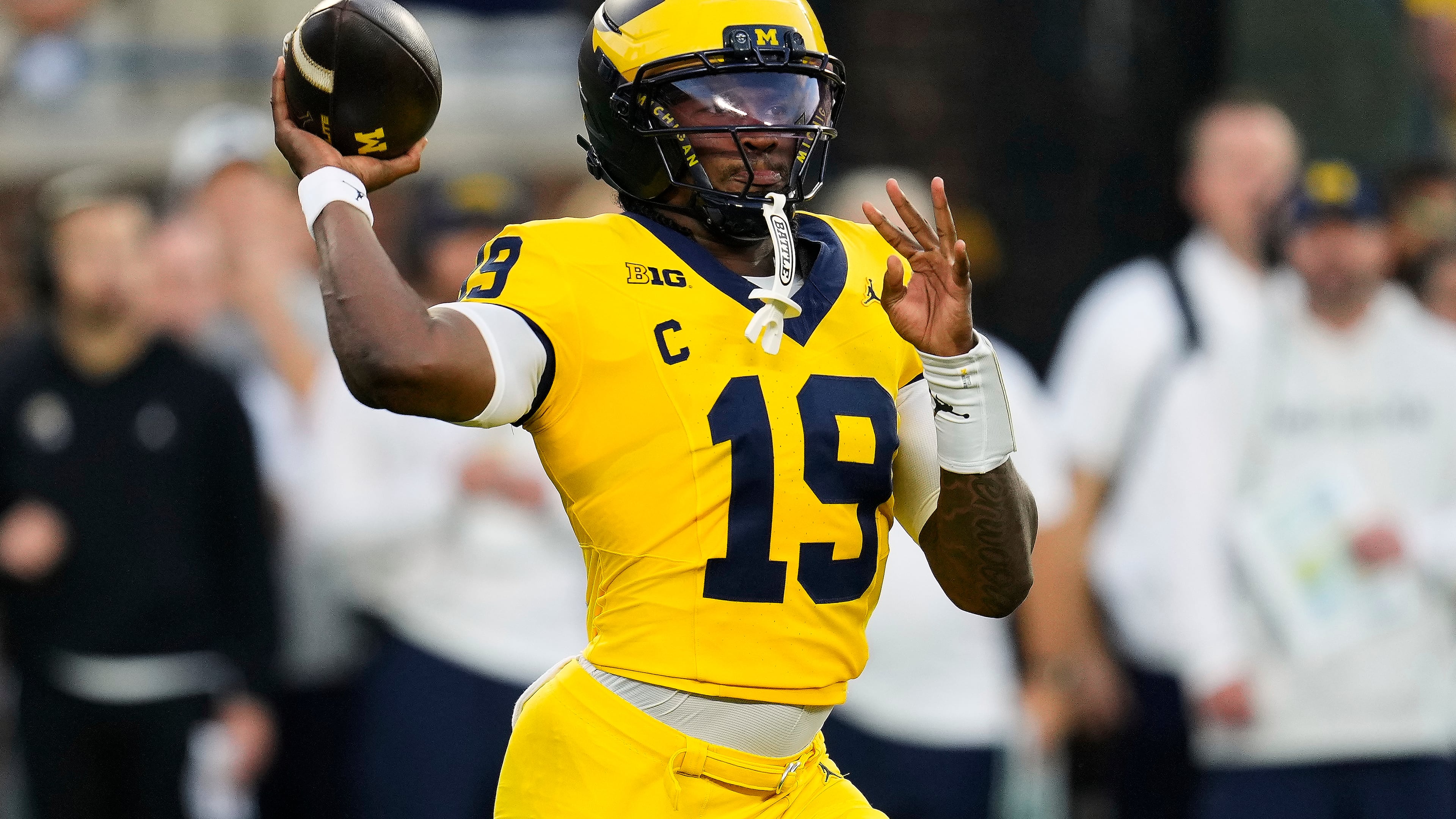 Michigan quarterback Bryce Underwood throws against Western Michigan during the first half of an NCAA college football game Saturday, Sept. 5, 2026, in Ann Arbor, Mich. (AP Photo/Paul Sancya)