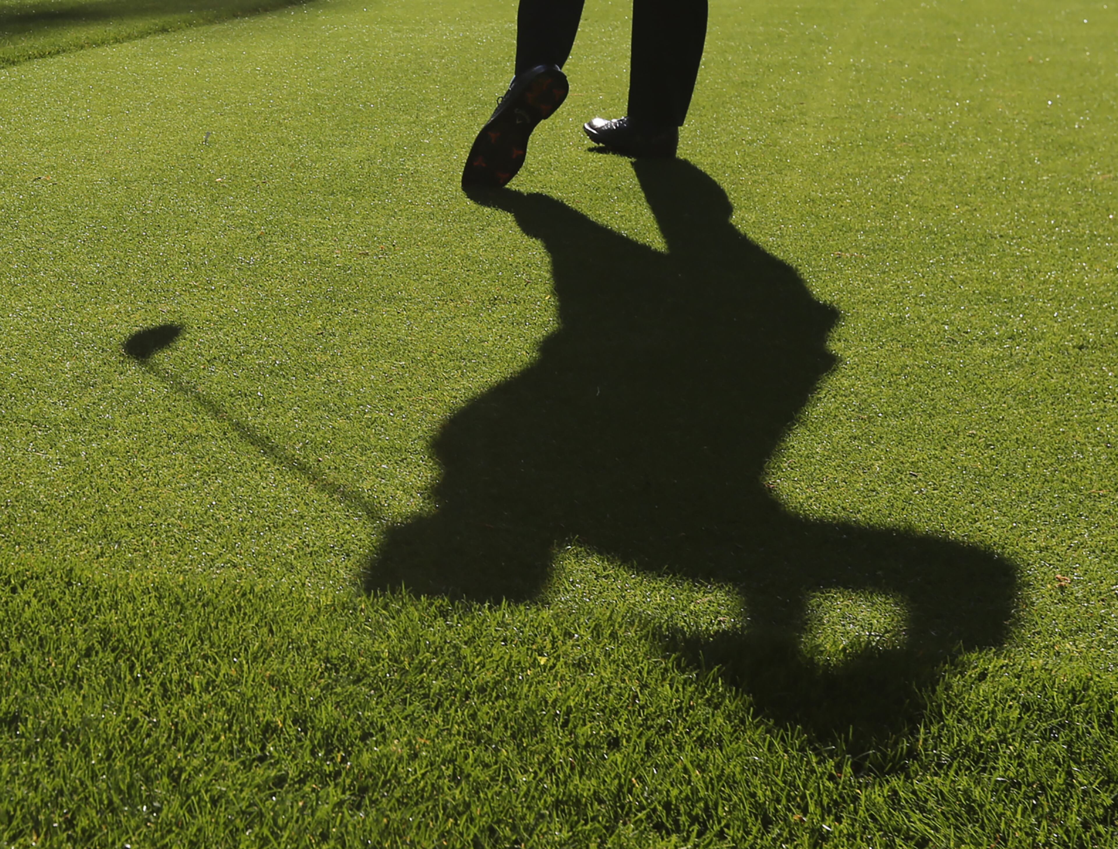 April 4, 2017, Augusta: Phil Mickelson casts a shadow across the 7th tee as he hits his drive during his practice round for the Masters at Augusta National Golf Club on Tuesday, April 4, 2017, in Augusta. Curtis Compton/ccompton@ajc.com