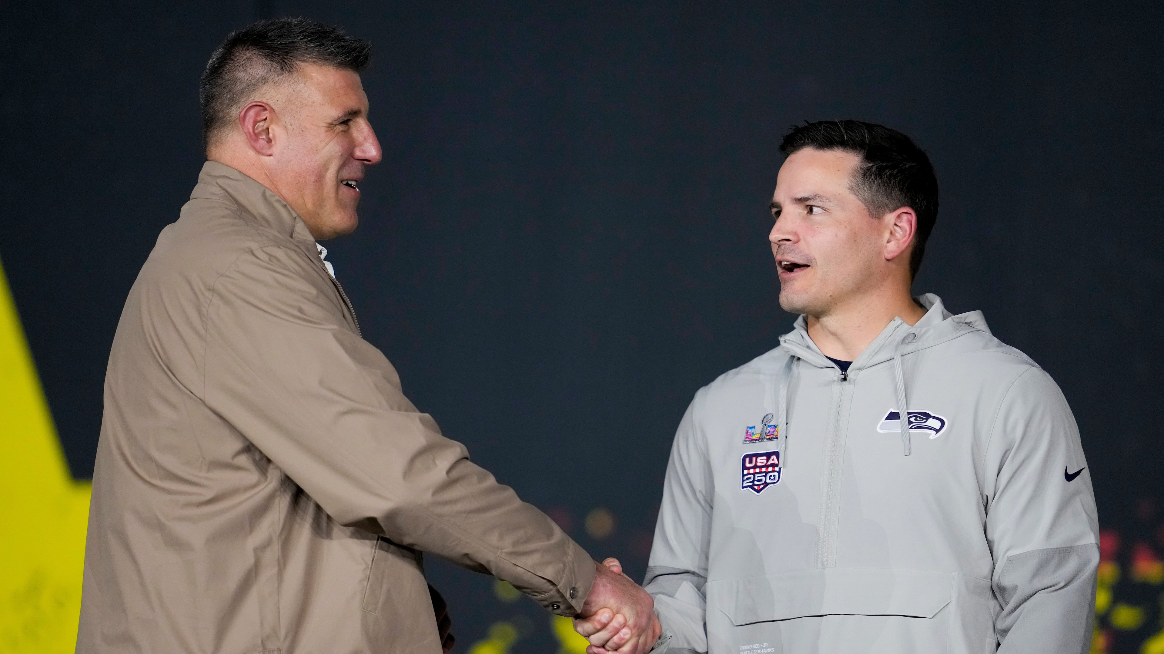 Seahawks coach Mike MacDonald (right) greets Patriots coach Mike Vrabel during the NFL Super Bowl Opening Night on Monday, Feb. 2, 2026, in San Jose, Calif. (Godofredo A. Vásquez/AP)