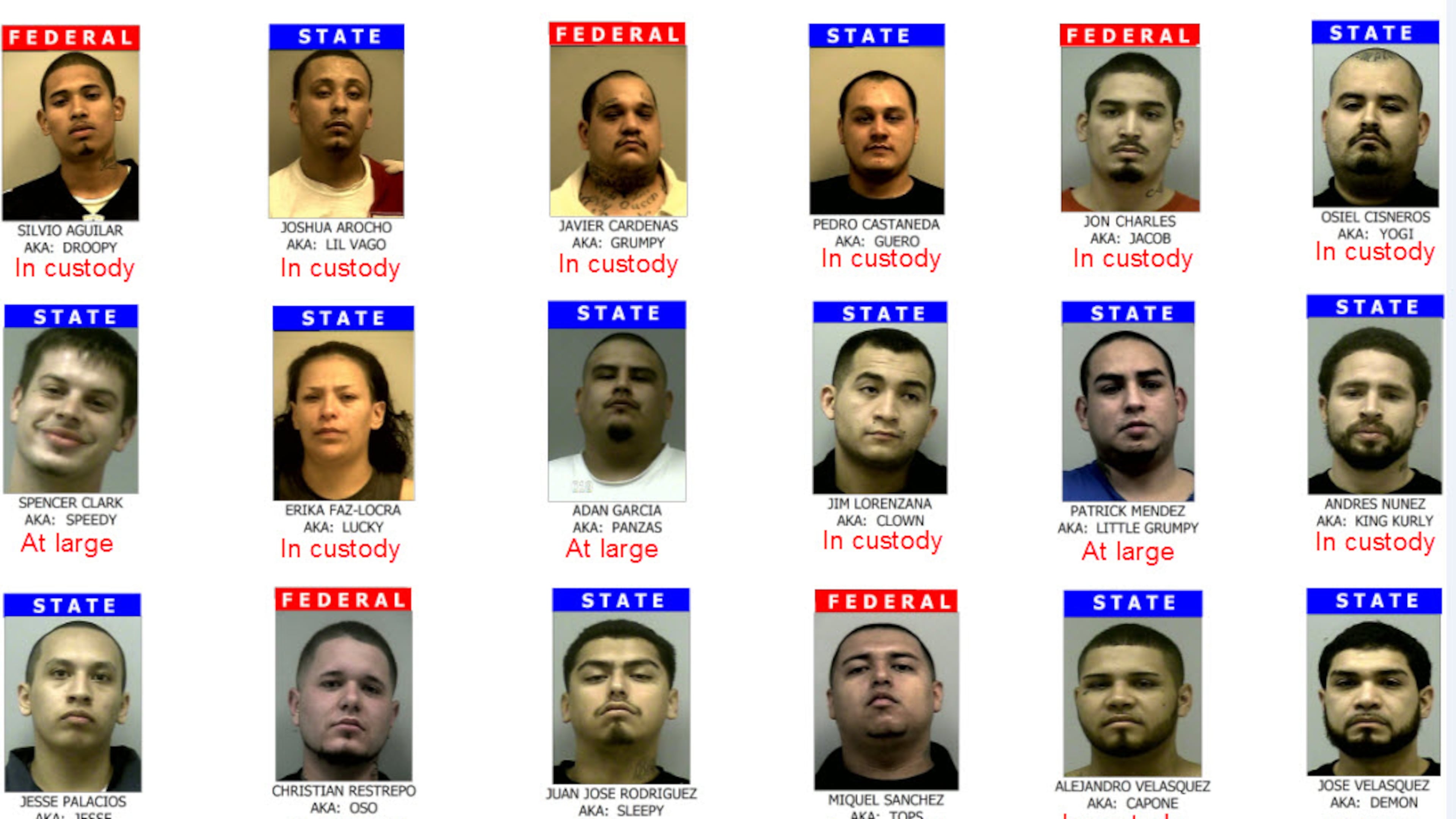 Gwinnett County police have arrested 13 suspected members of ‘La Gran Familia’ and are seeking five more. (Credit: Gwinnett County Police Department)