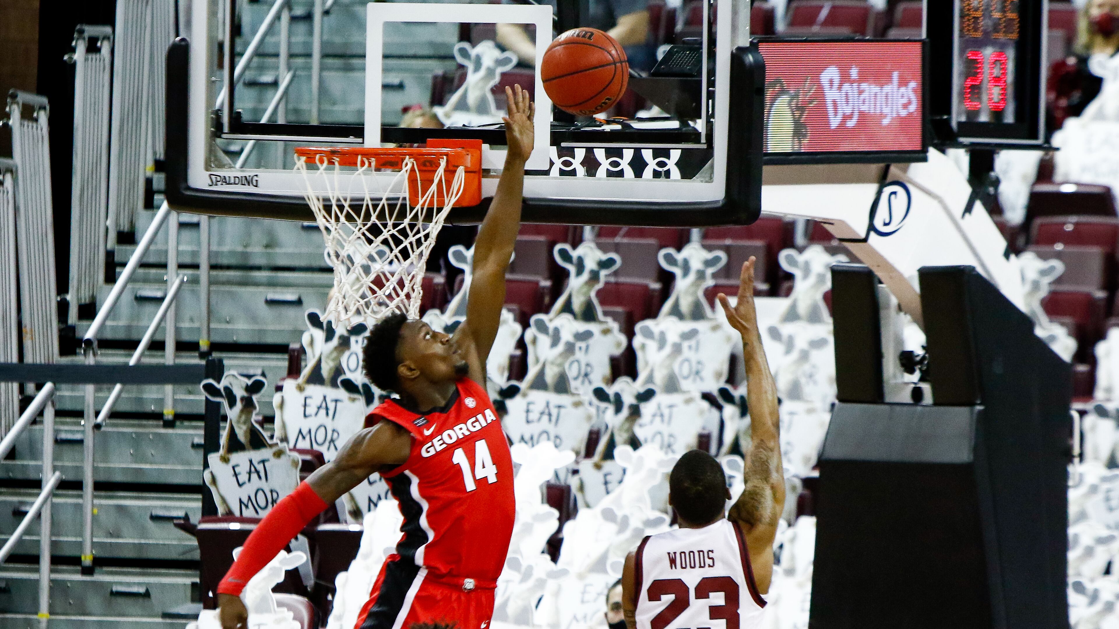 Georgia's Tye Fagan (14), going up to block a South Carolina shot on Wednesday, led the Bulldogs with 19 points when they last played Ole Miss on Jan. 16. UGA hosts the Rebels on Saturday at 6 p.m.
(Photo by Chris Gillespie)