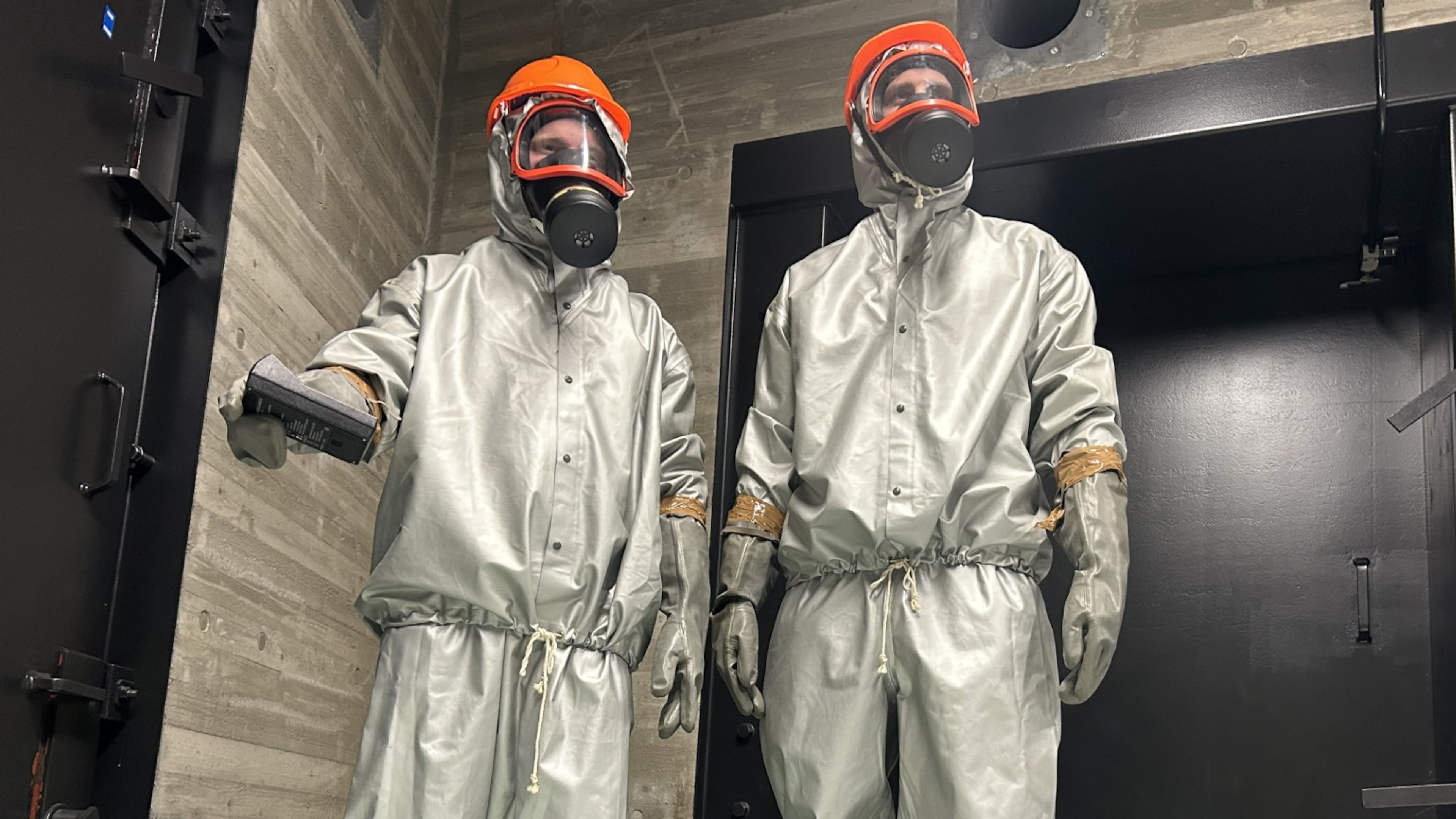 Finnish conscripts measure radiation levels at a shelter in Kuopio, Finland, during a civil defense exercise Wednesday, Sept. 2, 2026. (AP Photo/Emma Burrows)