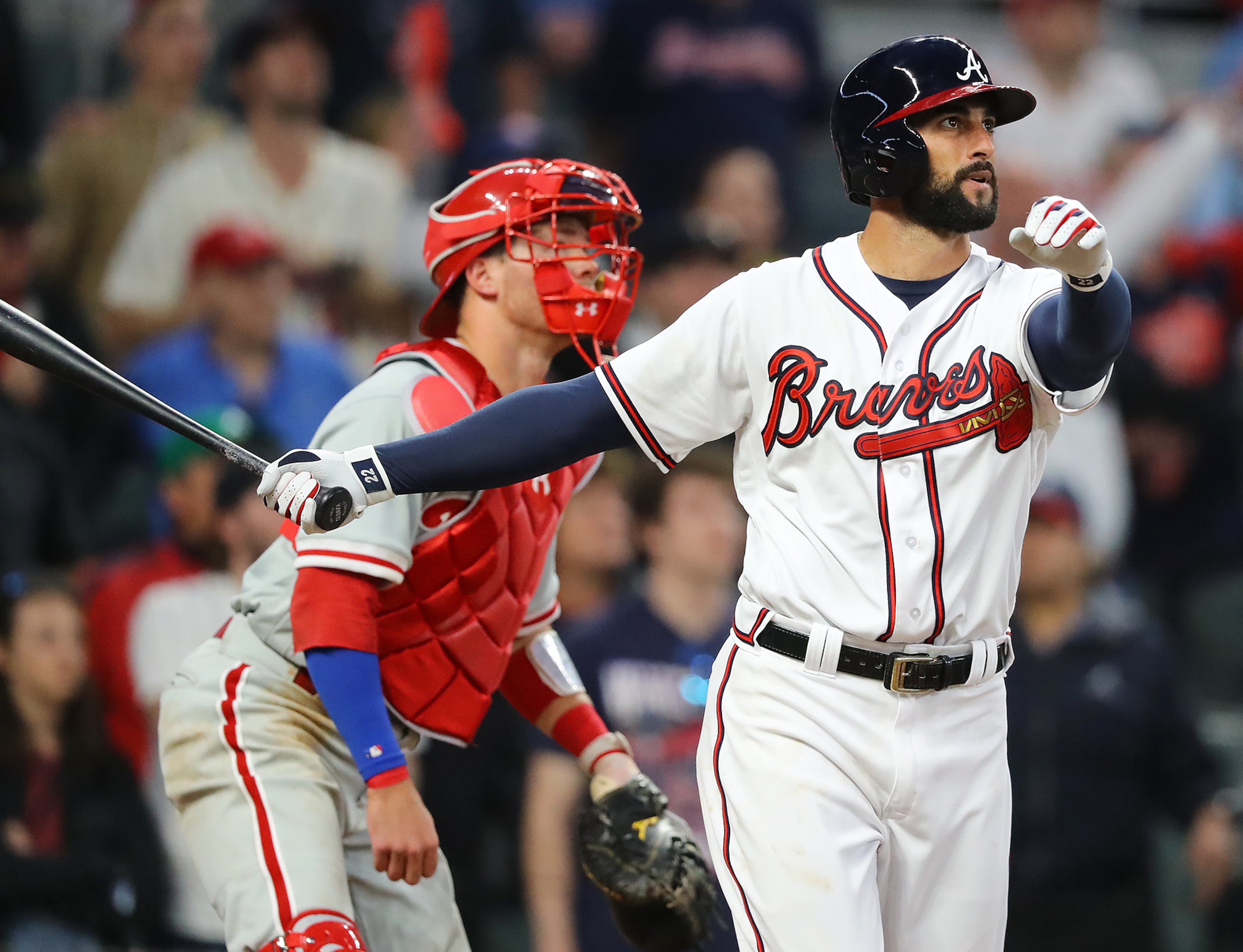 March 29, 2018 Atlanta: Atlanta Braves outfielder Nick Markakis hits a walk off 3-RBI home run to beat the Phillies 8 to 5 in a MLB baseball home opening game on Thursday, March 29, 2018, in Atlanta. Curtis Compton/ccompton@ajc.com