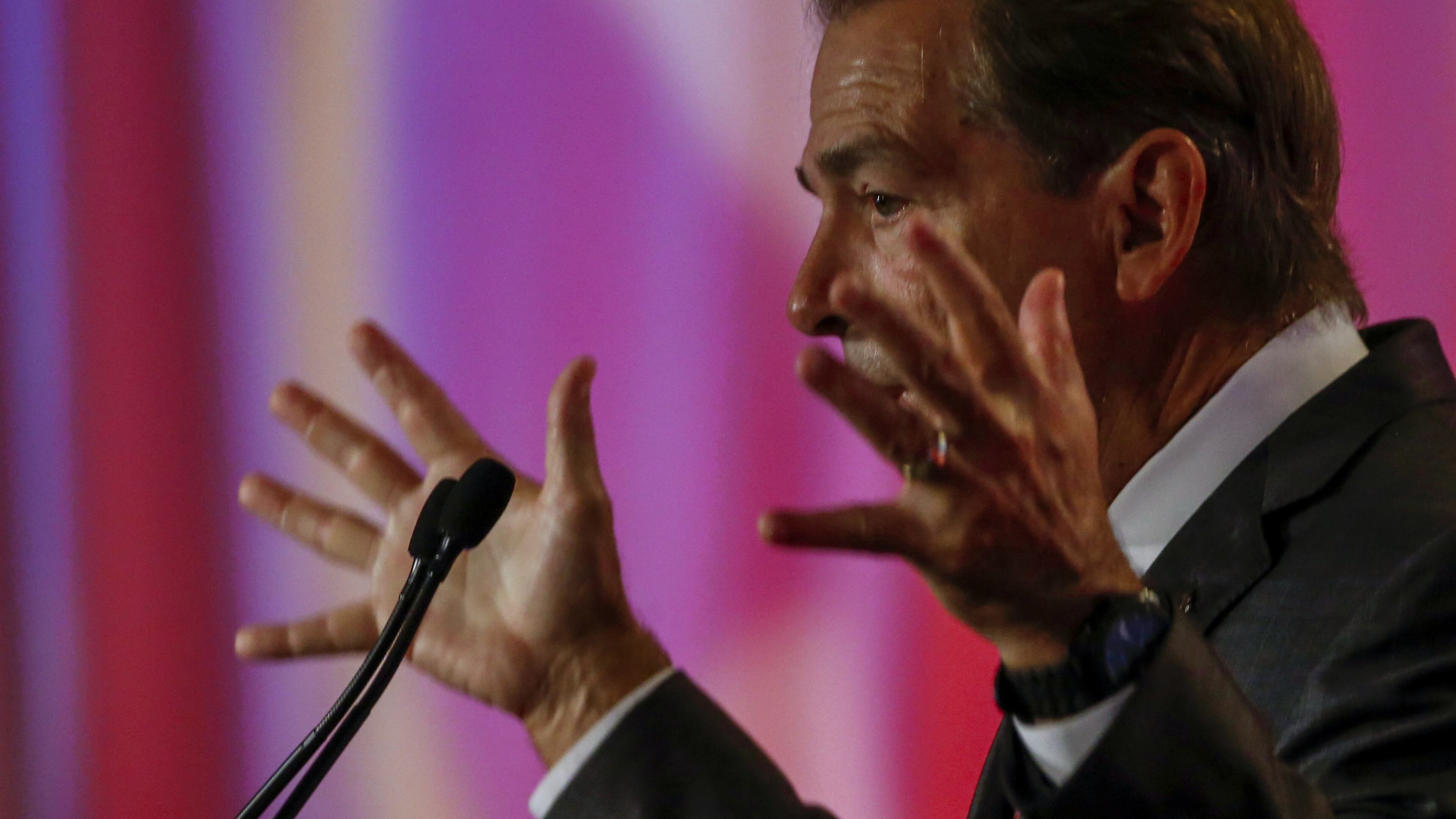 Alabama NCAA college football coach Nick Saban speaks during the Southeastern Conference’s annual media gathering, Wednesday, July 12, 2017, in Hoover, Ala. (AP Photo/Butch Dill)