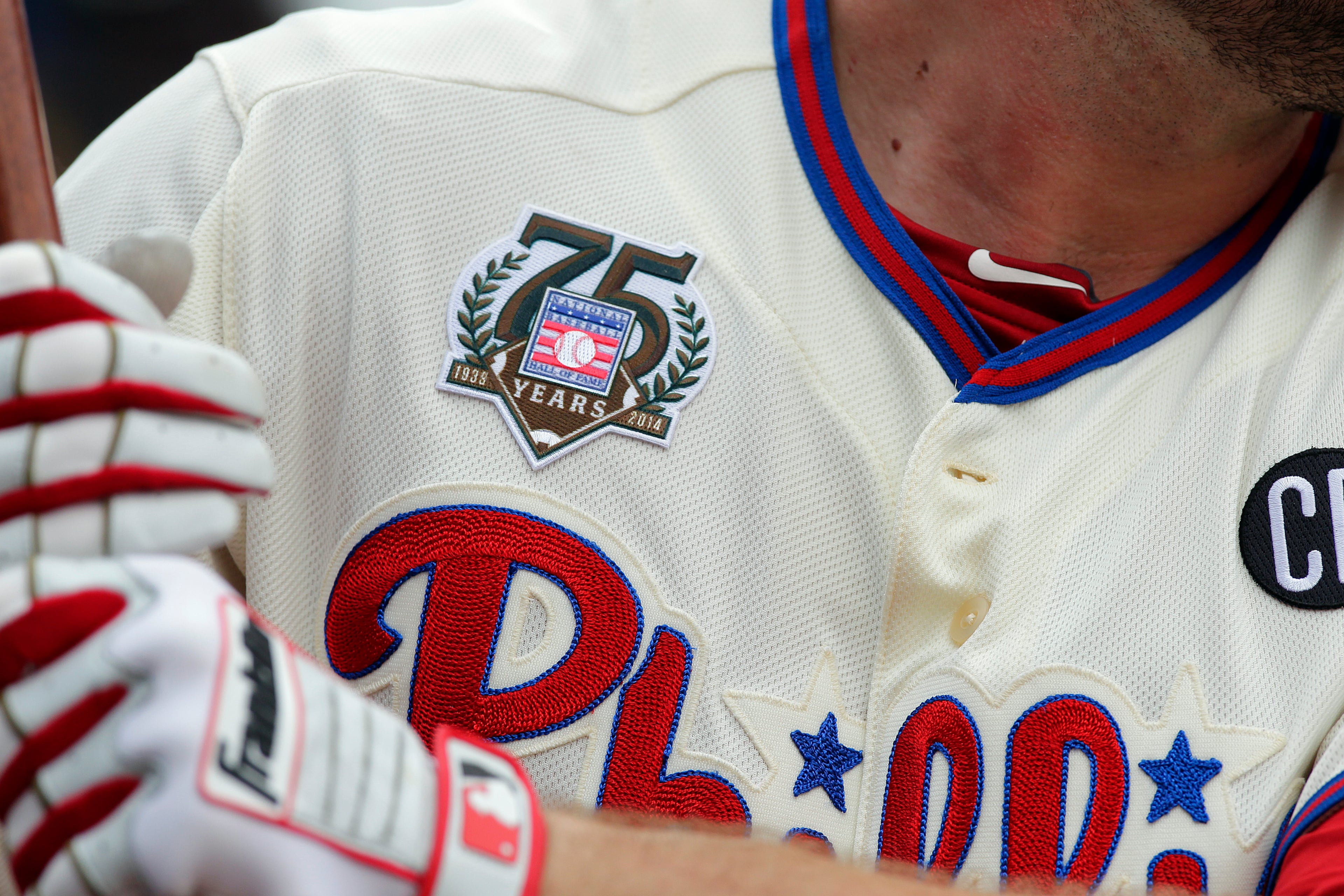 Darin Ruf #18 of the Philadelphia Phillies wears a Baseball Hall of Fame 75th Anniversary patch during a game against the Arizona Diamondbacks at Citizens Bank Park on July 27, 2014 in Philadelphia, Pennsylvania. (Photo by Hunter Martin/Getty Images)