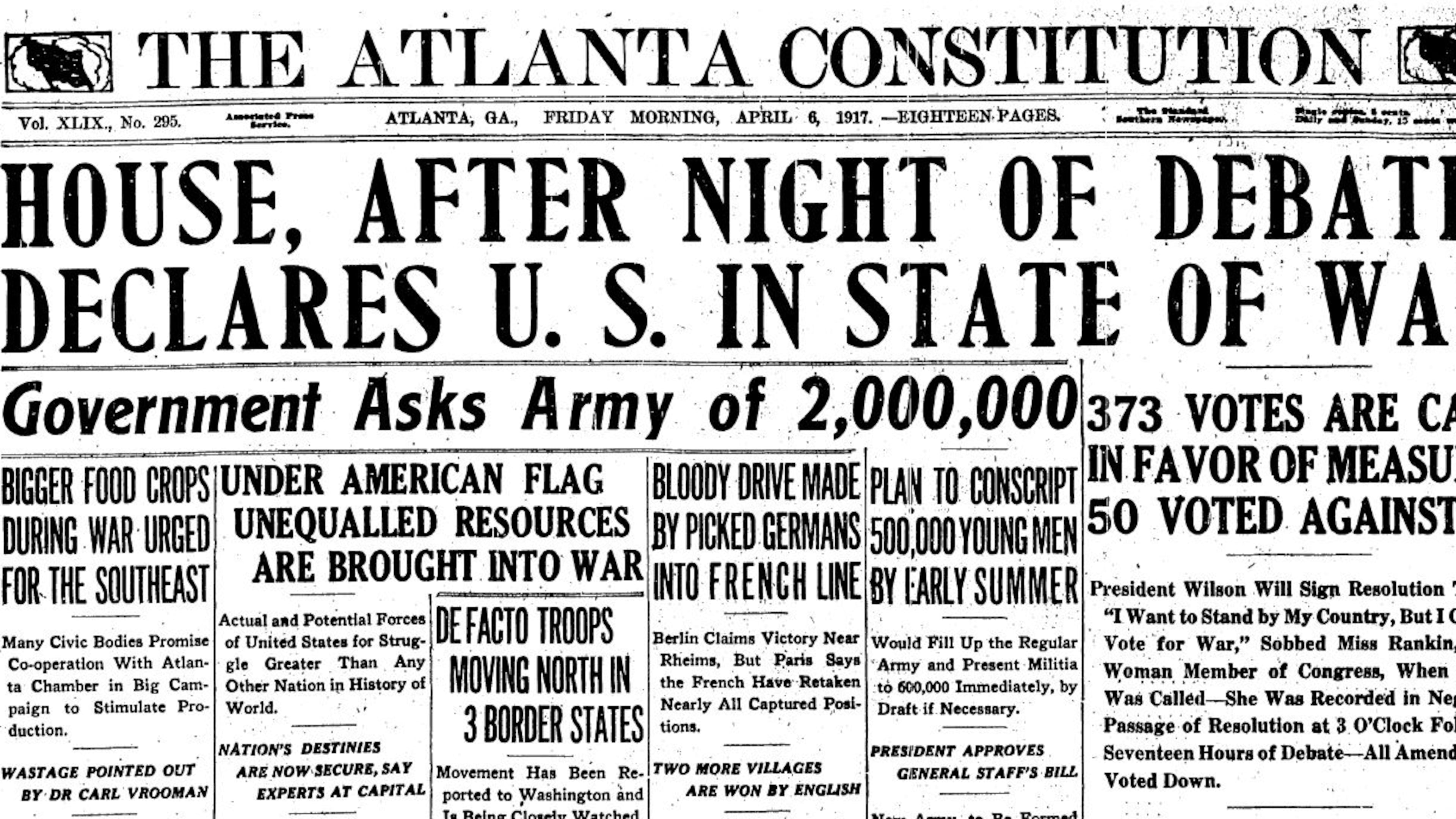 The Atlanta Constitution reported that the United States was in a state of war on April 6, 1917.