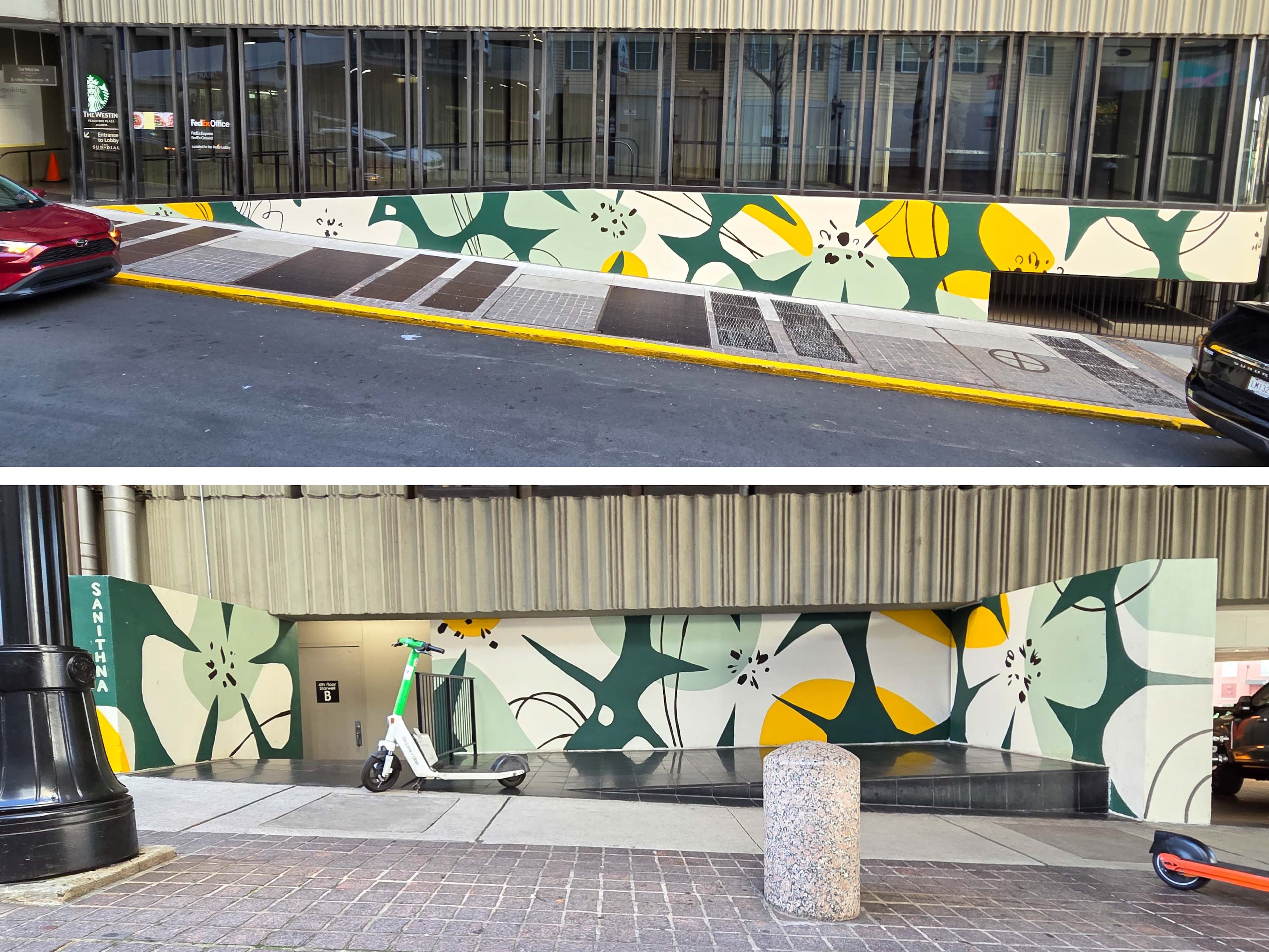Composite photos of Sanithna Phansavanh's mural of Georgia’s state flower, the Cherokee rose. (Courtesy of Arthur Rudick)