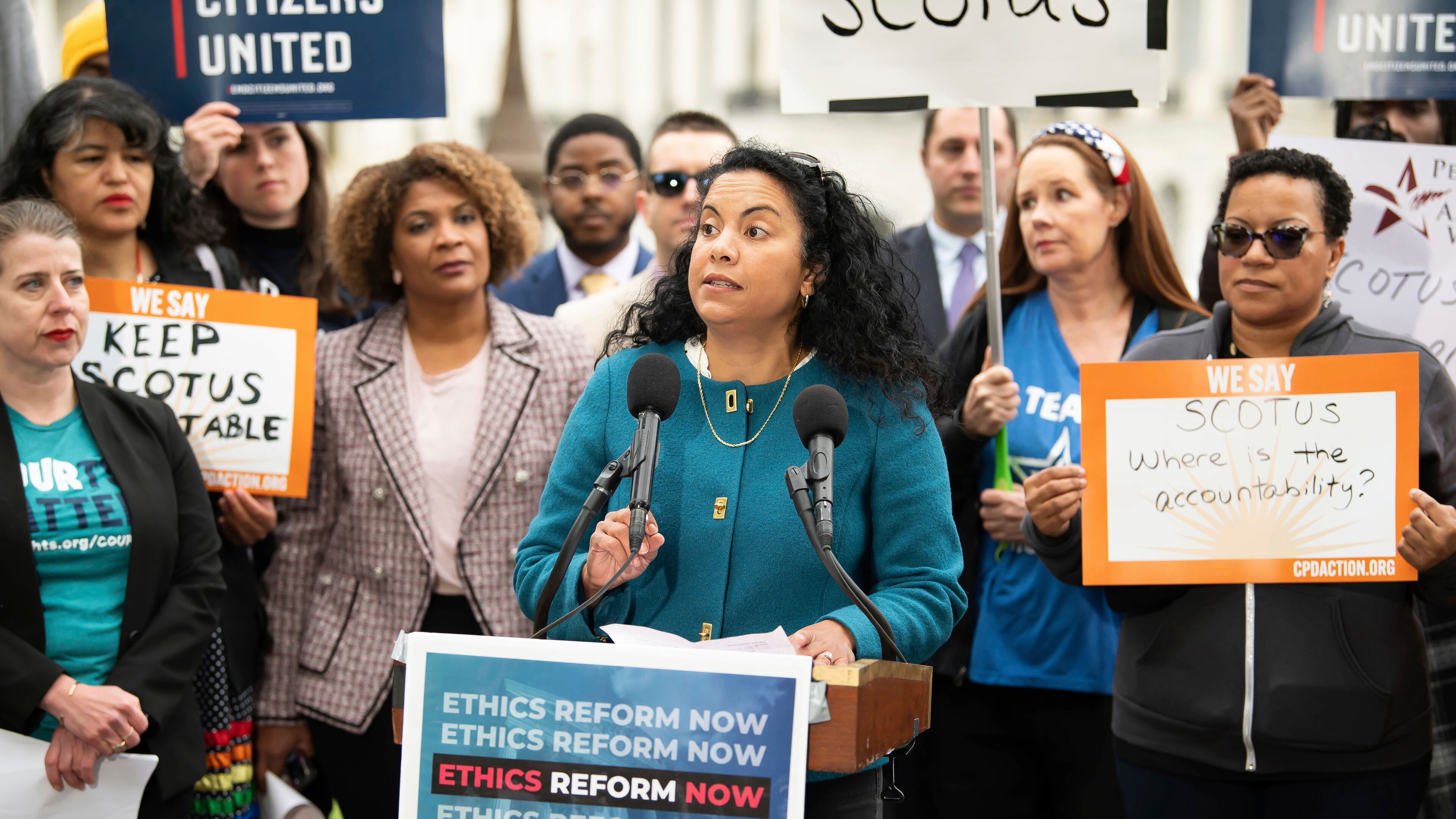 FILE - Analilia Mejia, center, speaks during a rally calling for SCOTUS ethics reform, May 2, 2023, in Washington. (Joy Asico/AP Images for Center for Popular Democracy Action, File)