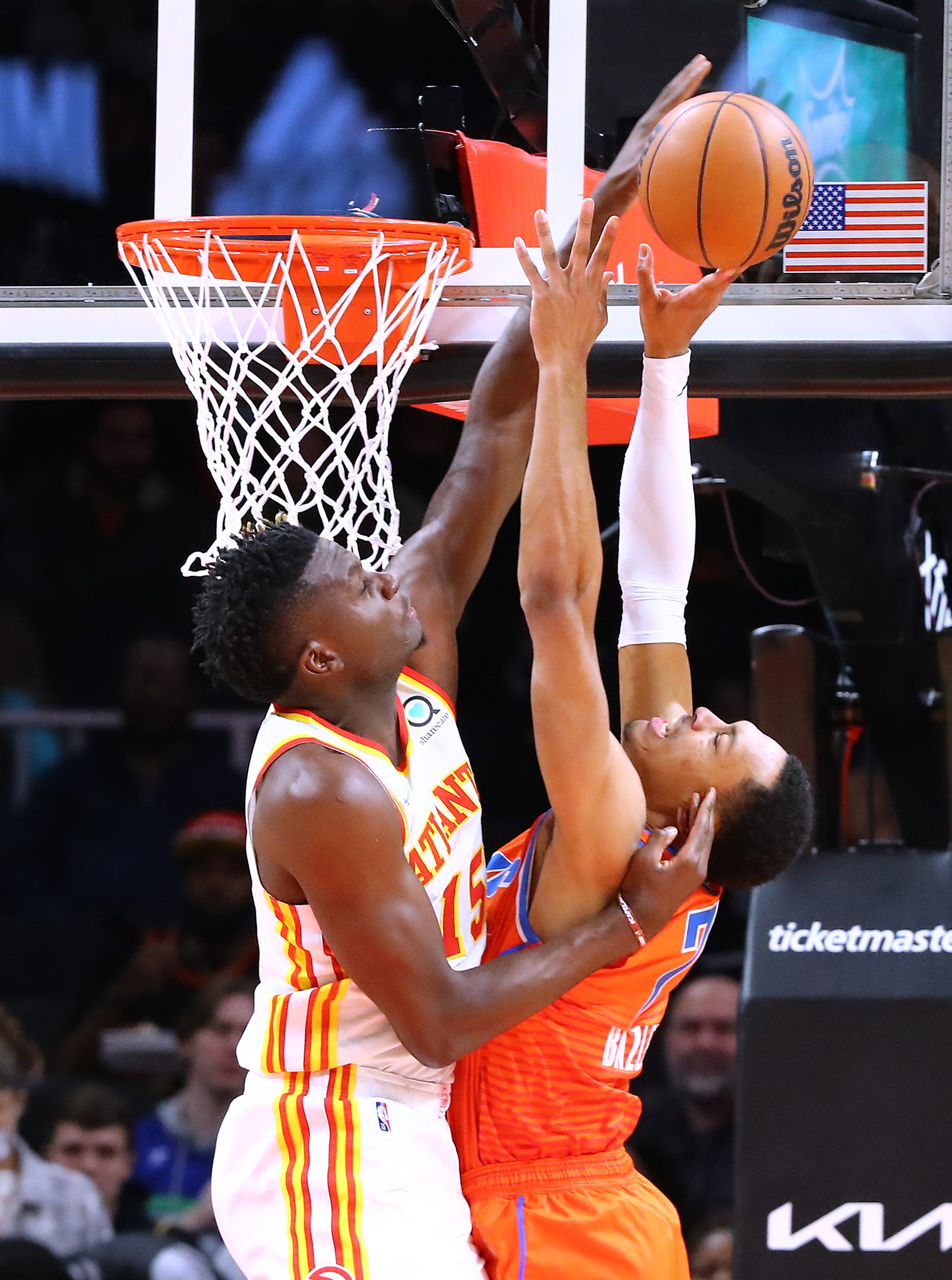 Atlanta Hawks center Clint Capela blocks a shot by Oklahoma City Thunder forward Darius Bazley in a NBA basketball game on Monday, Nov. 22, 2021, in Atlanta. Curtis Compton / Curtis.Compton@ajc.com