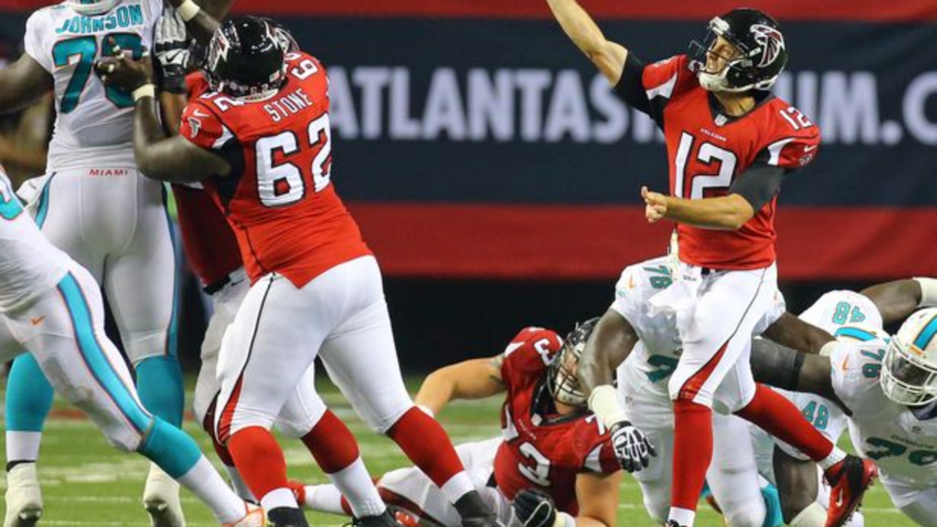 Curtis Compton Falcons quarterback Sean Renfree gets off a pass during the second half of an NFL exhibition game against Miami on Friday, August 8, 2014, in Atlanta. The team elected to keep three quarterbacks.