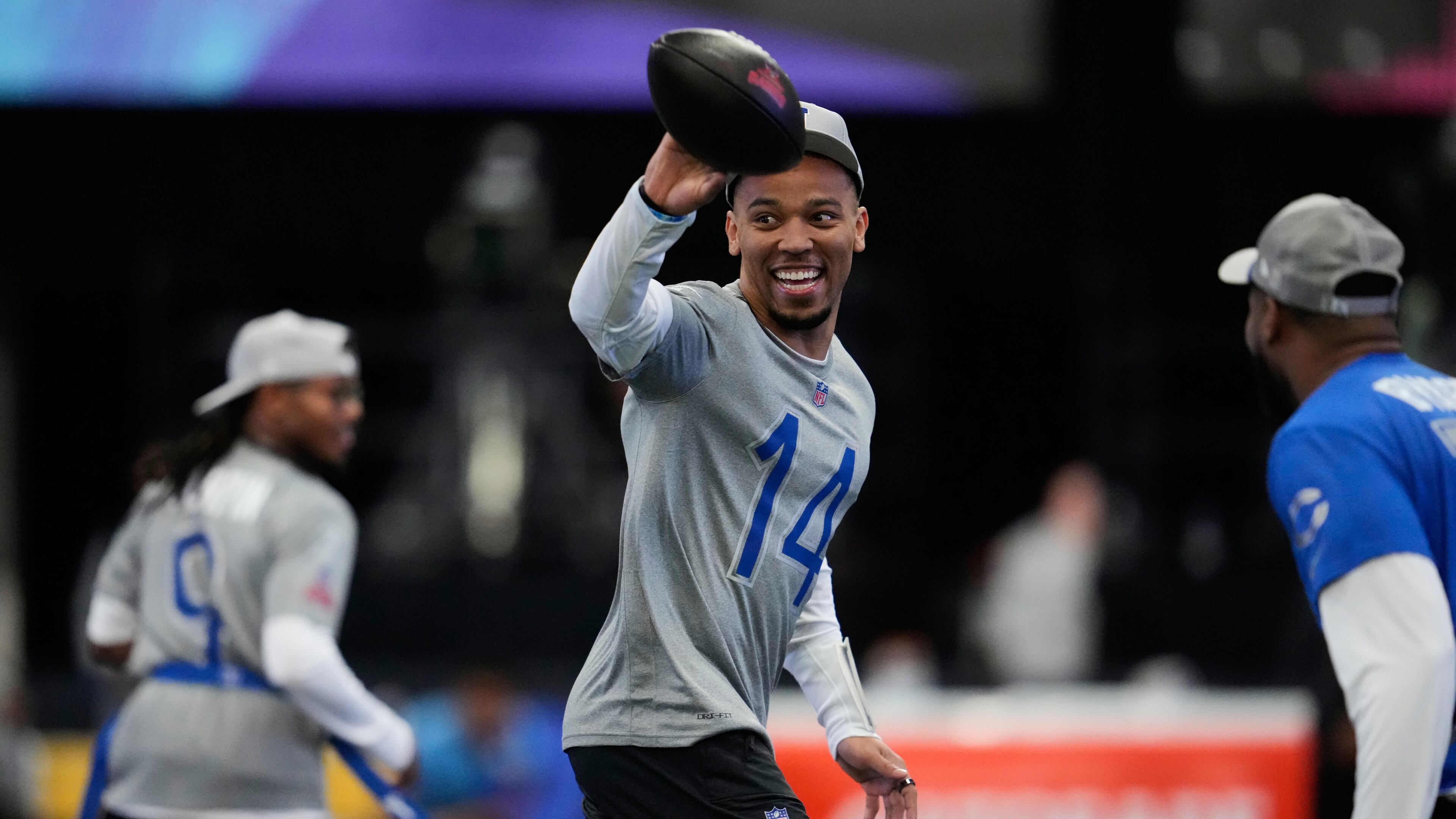 NFC wide receiver Amon-Ra St. Brown (14), of the Detroit Lions, runs with the ball during NFL Pro Bowl Games practice, Monday, Feb. 2, 2026, in San Francisco. (AP Photo/Godofredo A. Vásquez)
