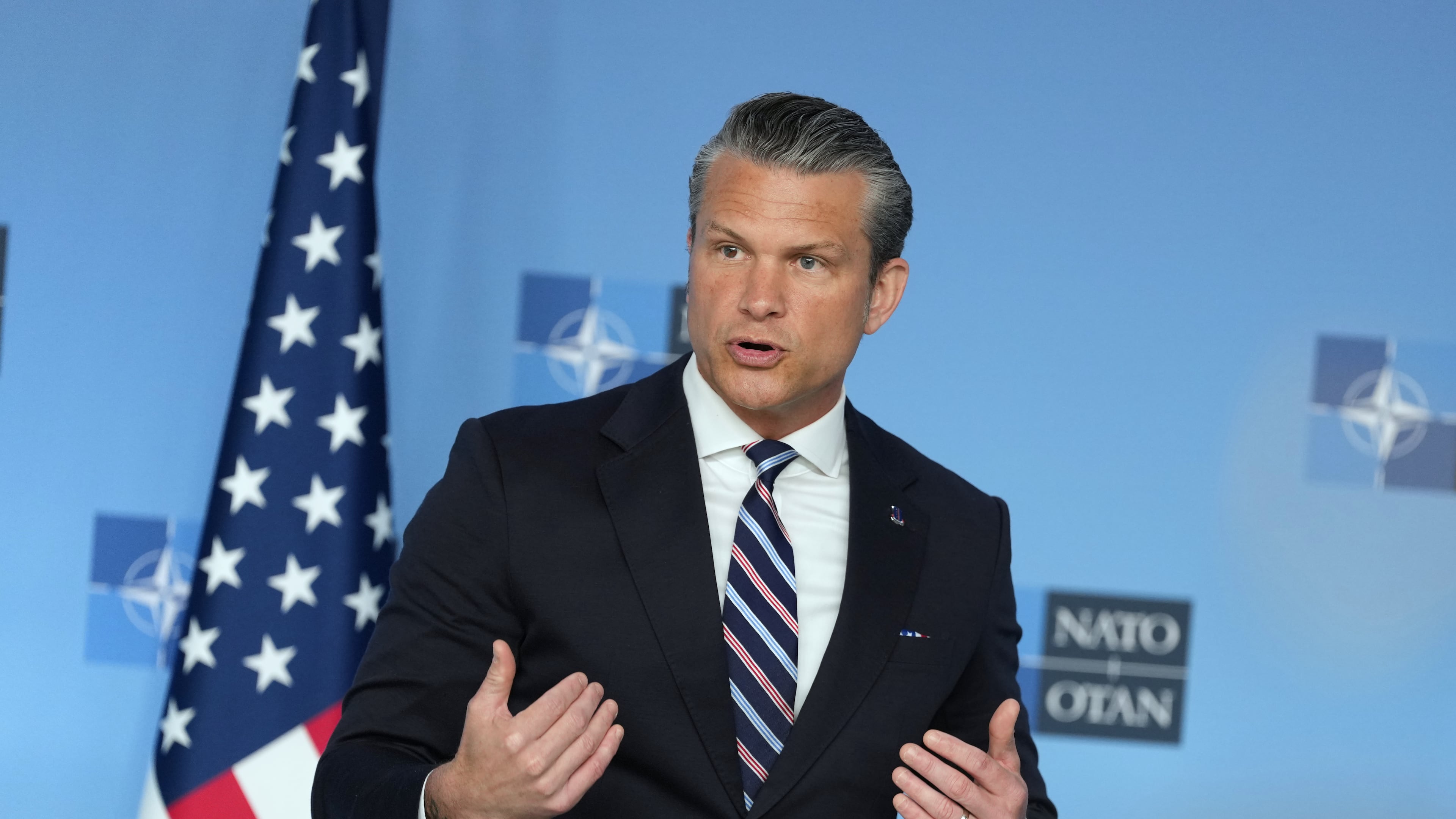 United States Defense Secretary Pete Hegseth speaks during a press statement on arrival for a meeting of NATO defense ministers at NATO headquarters in Brussels, Thursday, June 18, 2026. (AP Photo/Virginia Mayo)